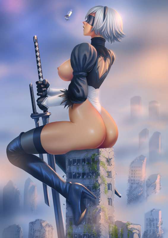 1girls, ass, blindfold, breasts, city, doujinsak, female, female only, giantess, headband, heels, huge ass, leotard, light skin, light-skinned female, macro, nier: automata, nipples, pod (nier), sitting, solo, solo female, sword, thick thighs, thighhighs, white hair, yorha 2b