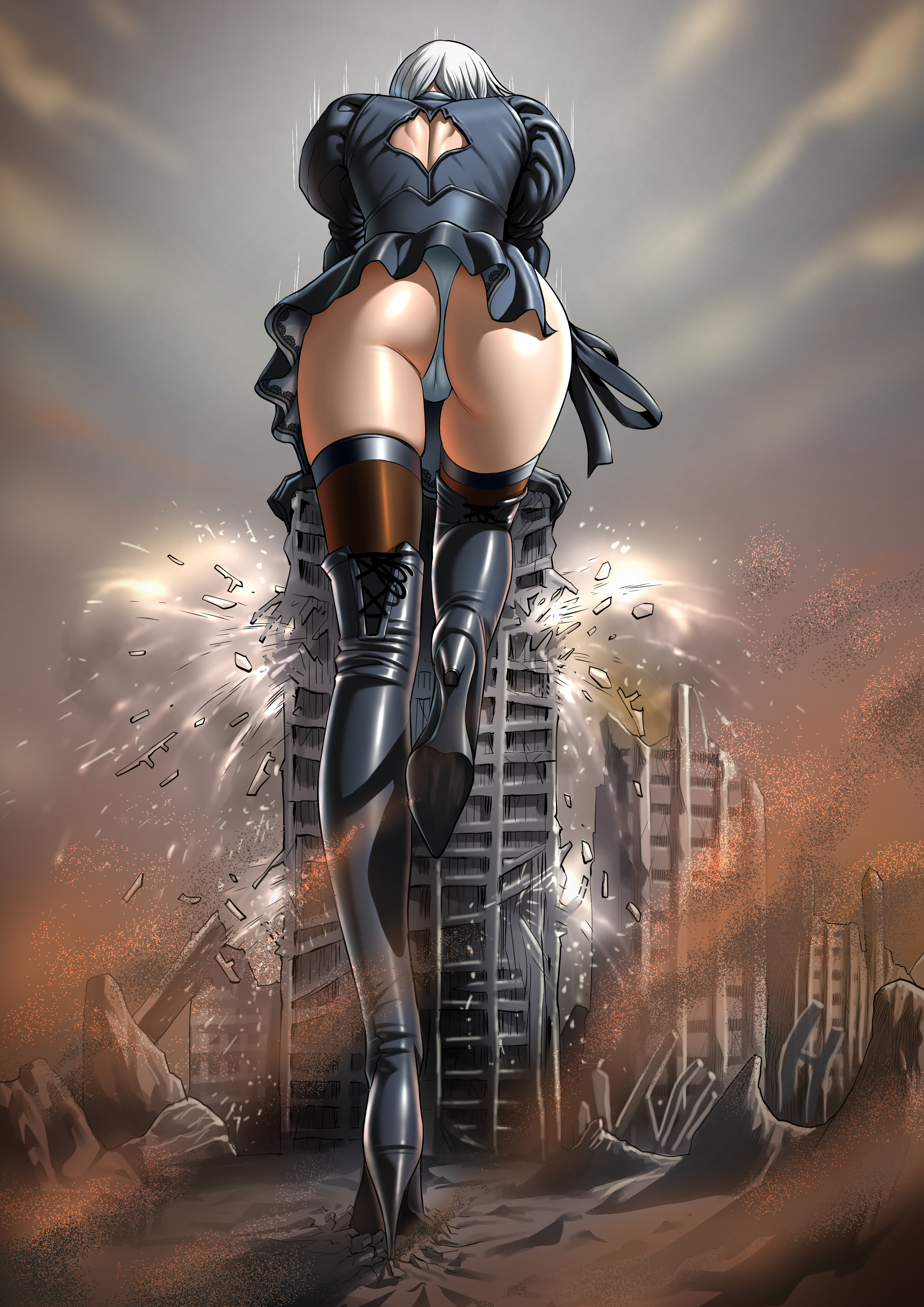 1girls, ass, city, clothing, destruction, doujinsak, female, female only, giantess, heels, light skin, light-skinned female, macro, nier: automata, rear view, skyscraper, solo, solo female, thighhighs, white hair, yorha 2b