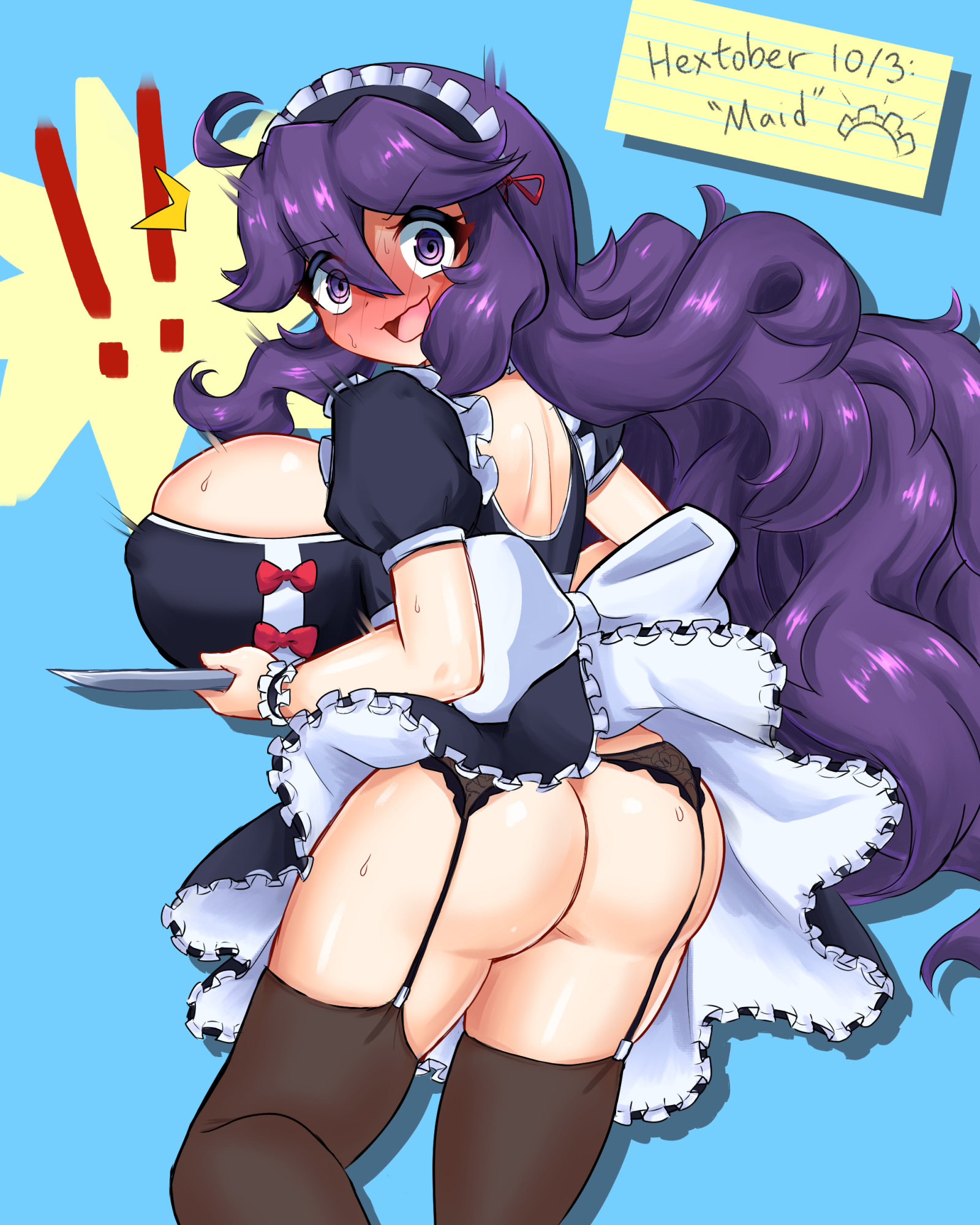 !!, 1girls, alternate breast size, ass, big breasts, blush, breasts, eye contact, female, hex maniac, huge breasts, large breasts, looking at viewer, maid, maid headdress, maid uniform, nintendo, pokemon, pokemon xy, purple eyes, purple hair, supermuddio, surprised, tagme, thick thighs, thighhighs, thighs