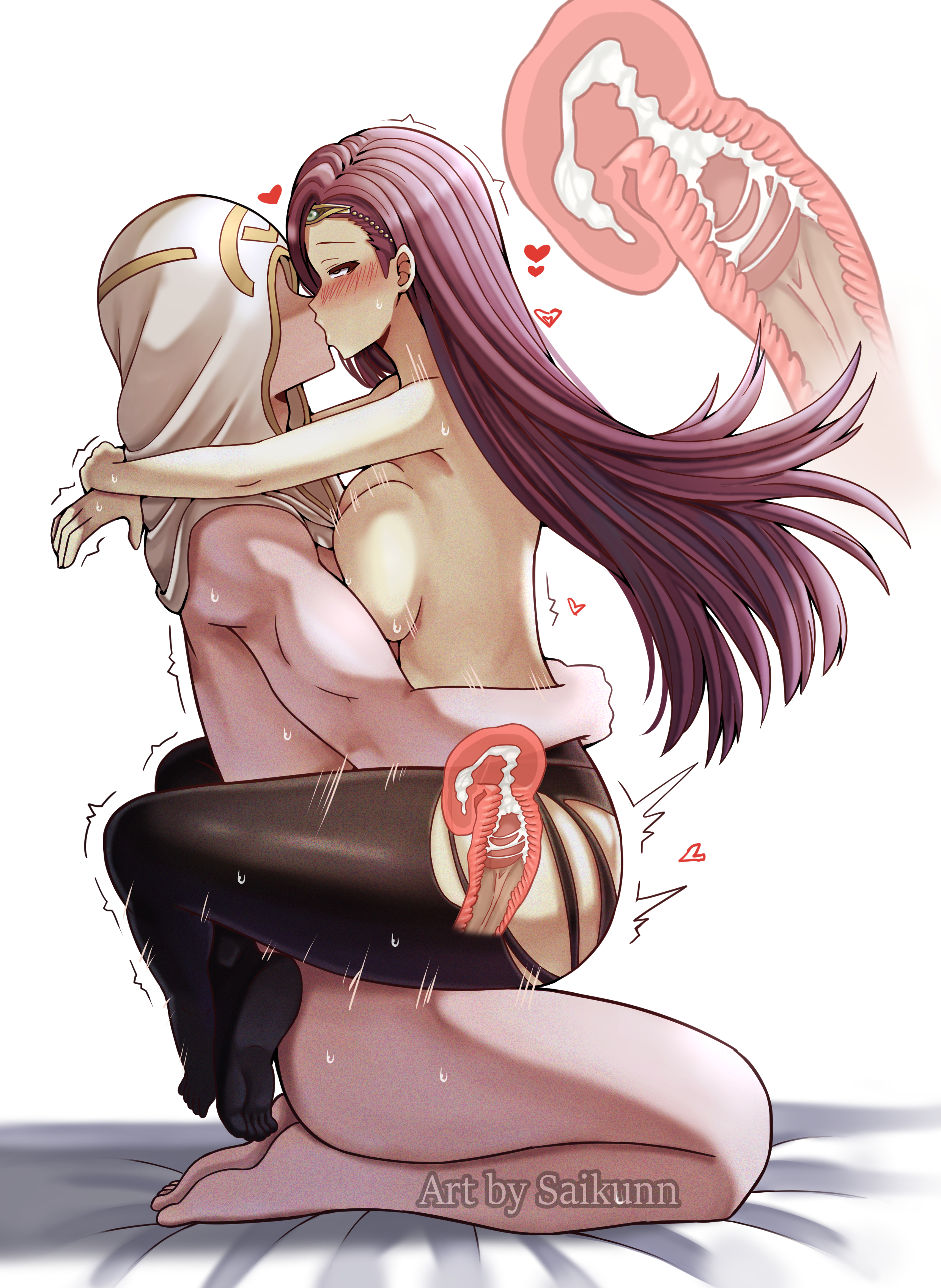 1boy, 1girls, absurdres, ahe gao, ass, black legwear, black thighhighs, blush, breasts, brown eyes, circlet, clothed sex, clothing, couple, cross section, cum, cum in pussy, cum in uterus, cum inside, faceless, faceless male, female, female on top, fire emblem, fire emblem echoes: shadows of valentia, fire emblem heroes, heart, hetero, highres, hug, hugging, kiran (fire emblem), kiran (fire emblem) (male), kiss, kissing, large ass, large breasts, leg lock, long hair, lotus position, male, mastery position, motion lines, nintendo, open mouth, pantyhose, penetration, penis, purple eyes, purple hair, pussy, saikunartworks, sex, sonya (fire emblem), spread legs, straddling, sweat, thighhighs, topless, torn clothes, upright straddle, uterus, vaginal, vaginal penetration, x-ray