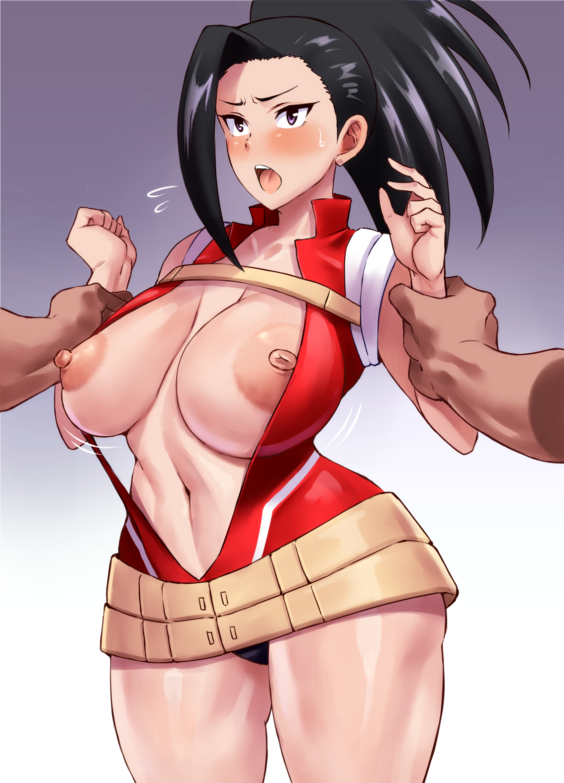 1girls, big breasts, black hair, black-haired female, blush, breasts, erect nipples, female, hero outfit (mha), hourglass figure, huge breasts, human, human female, large breasts, leotard, light-skinned female, momo yaoyorozu, momo yaoyorozu (hero outfit), my hero academia, nipples, restrained, slim waist, superheroine, surprised, tagme, thick thighs, wide hips, wrist grab