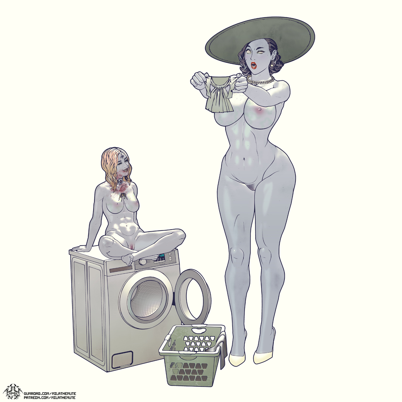 2girls, alcina dimitrescu, bela (resident evil), big breasts, biohazard, blonde hair, breasts, brunette, capcom, feet, female, female only, giantess, grey skin, hips, mila the mute, multiple females, multiple girls, nude, nude female, pubic hair, resident evil, resident evil 8: village, shrunken clothing, tagme, taller female, tattoo, yellow eyes