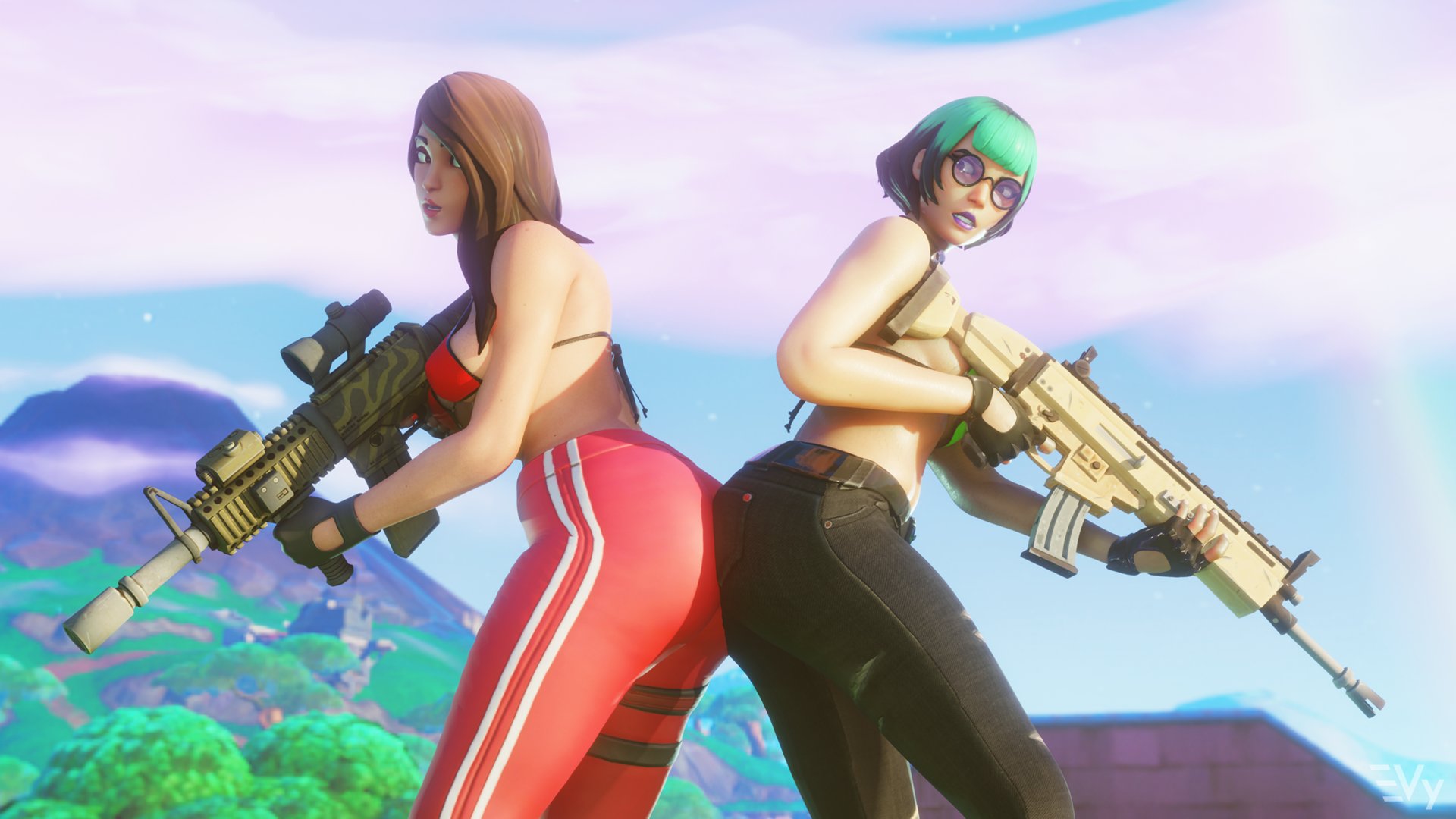2girls, 3d, ass, ass focus, ass to ass, bikini, blender, bra, breasts, brown hair, exposed, female, fortnite, glasses, multicolored hair, outdoors, outside, pants, ruby (fortnite), sunny (fortnite), tagme, vulpeculy, weapon