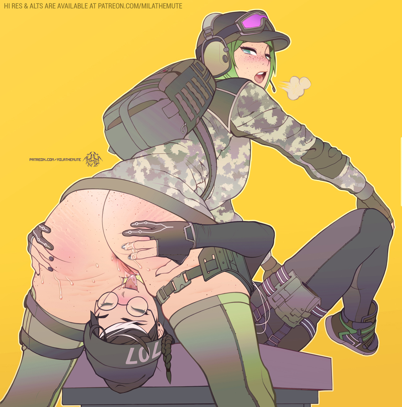 2girls, asian, ass, blush, bottomless, camouflage, cunnilingus, dokkaebi (rainbow six), ela (rainbow six), facesitting, female, female only, fingering, freckles, glasses, green hair, happy sex, licking pussy, looking pleasured, mila the mute, multiple females, multiple girls, oral, oral sex, pussy, pussy juice, rainbow six, rainbow six siege, smile, yuri