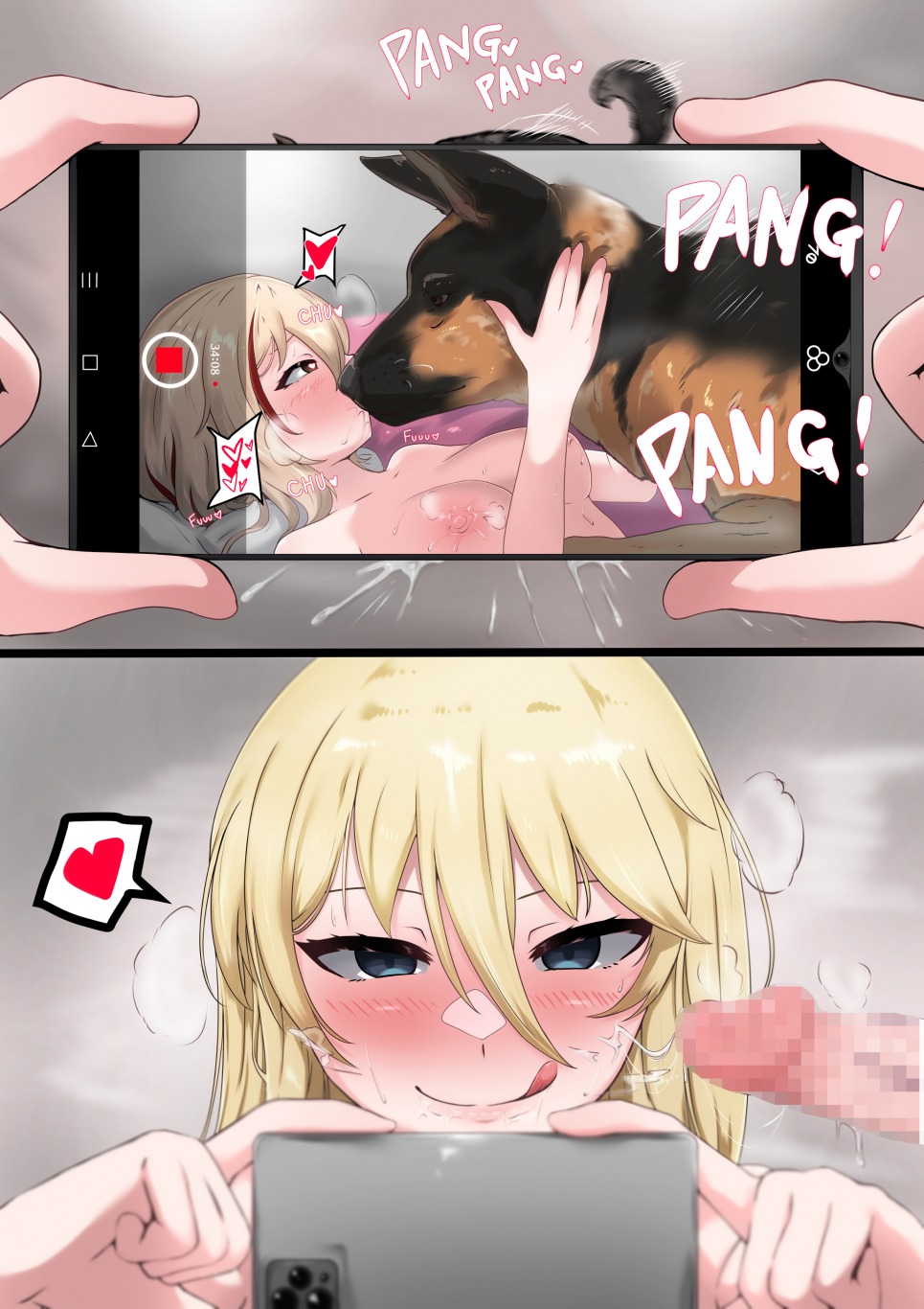 2girls, after sex, azur lane, big breasts, bismarck (azur lane), blonde hair, blue eyes, bodily fluids, breasts, brown eyes, canid, canine, cum, cum in mouth, cum inside, cum on floor, domestic dog, female, feral, feral on female, feral penetrating, filming, german shepherd, group, heart-shaped pupils, human, interspecies, kissing, licking lips, missionary position, phone, roon (azur lane), sex, smartphone, zoophilia