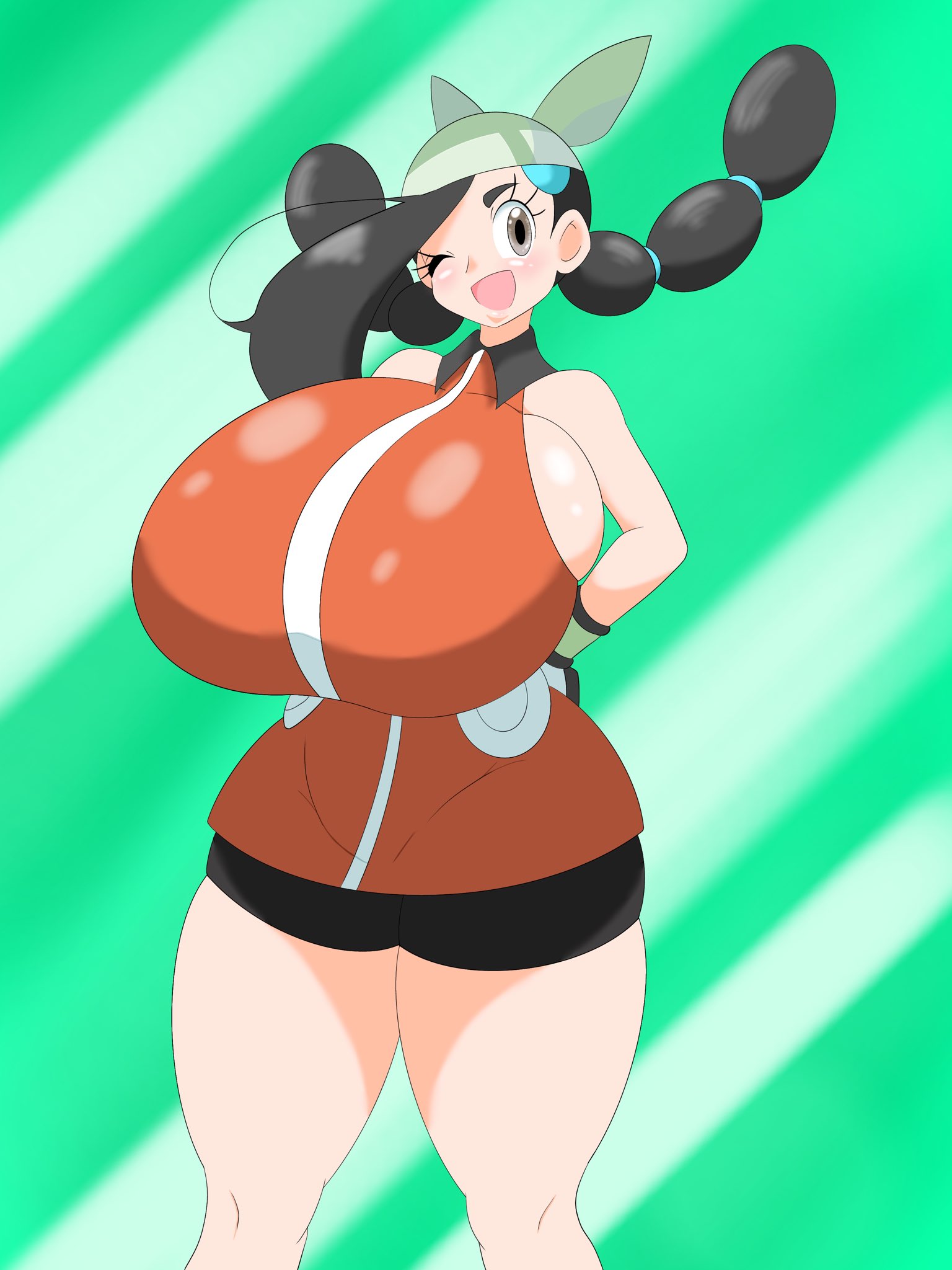 1girls alternate_breast_size bandana big_breasts bike_shorts black_hair blush breasts brown_eyes candice_(pokemon) clothed clothed_female cosplay eyelashes female female_only huge_breasts human human_only may_(pokemon)_(cosplay) may_(pokemon_emerald)_(cosplay) nintendo nuruudon open_mouth pale-skinned_female pale_skin pokemon pokemon_dppt pokemon_rse shorts smile solo solo_female standing tagme thick_thighs tight_clothing voluptuous wide_hips wink