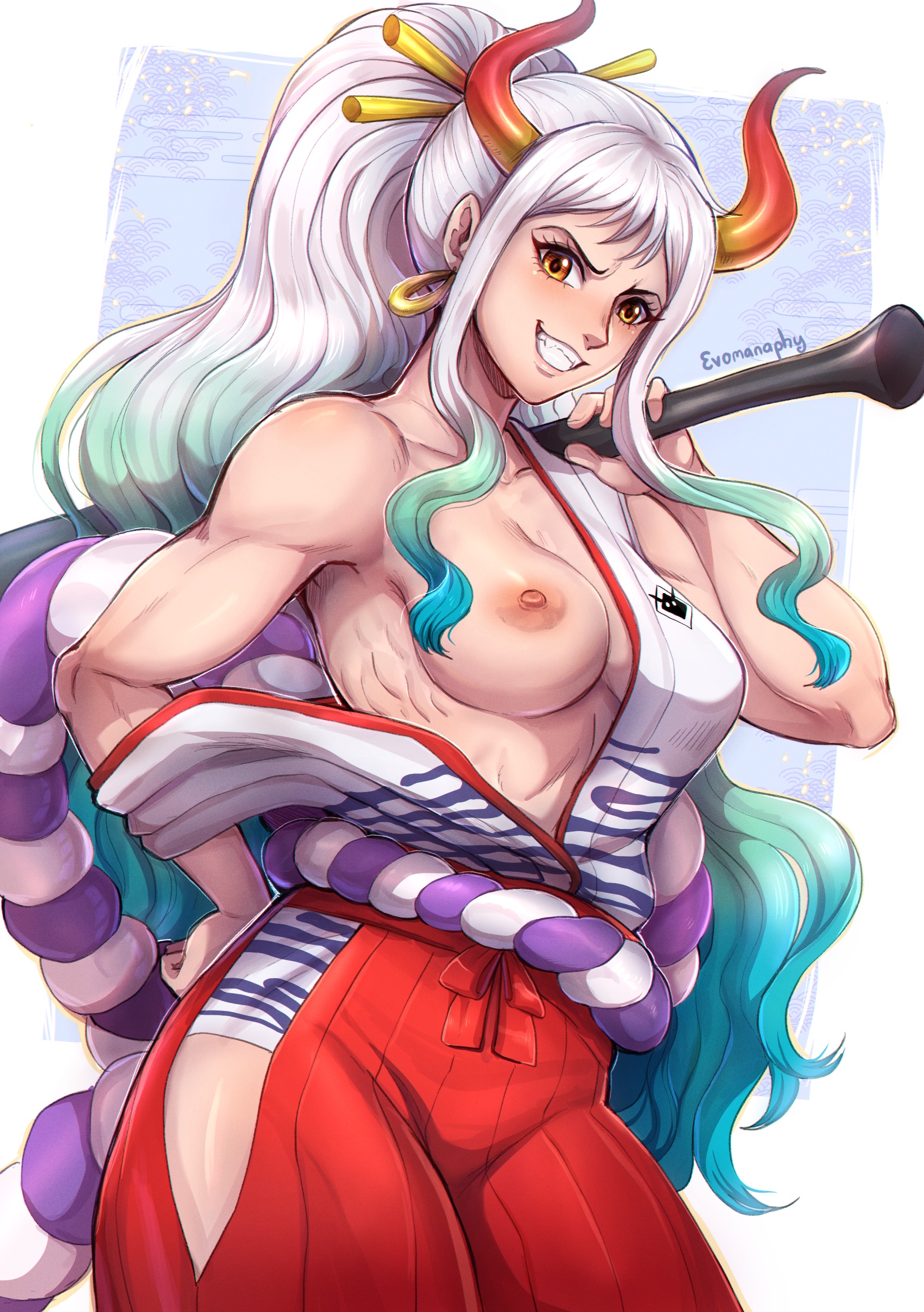1girls, armpits, big breasts, blue hair, blue highlights, breasts, brown eyes, clothed, clothing, curvy, demon, ear piercing, earrings, evomanaphy, female, female focus, female only, gradient hair, hakama, hi res, highres, hoop earrings, horned humanoid, horns, humanoid, japanese clothes, kanabou, light skin, light-skinned female, long hair, multicolored hair, muscular, muscular female, one breast out, one piece, oni, oni horns, orange eyes, pose, revealing clothes, simple background, smile, solo, solo female, two-tone hair, white background, white hair, white-haired female, wide hips, yamato (one piece)