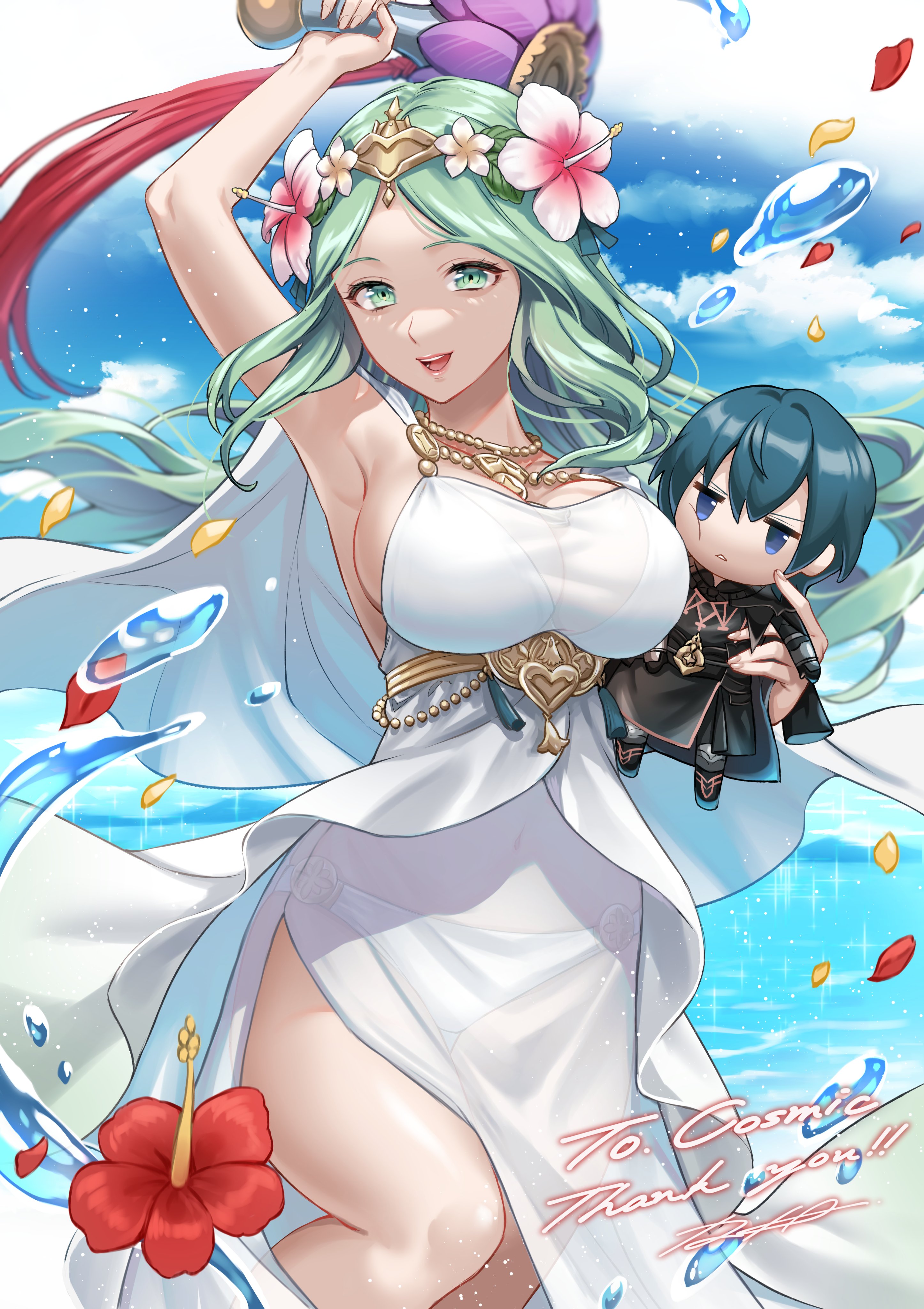 1boy, 1girls, absurdres, armor, bangs, bikini, blue eyes, blue hair, breasts, byleth (fire emblem), byleth (fire emblem) (male), cape, chibi, cleavage, closed mouth, commission, dress, dress swimsuit, female, fire emblem, fire emblem heroes, fire emblem: three houses, flower, gloves, green eyes, green hair, hair flower, hair ornament, highres, holding, iria (yumeirokingyo), large breasts, long hair, male, navel, nintendo, official alternate costume, open mouth, rhea (fire emblem), rhea (summer) (fire emblem), see-through, short hair, sideboob, smile, swimsuit, thank you, third-party source, tiara, white bikini, white swimsuit