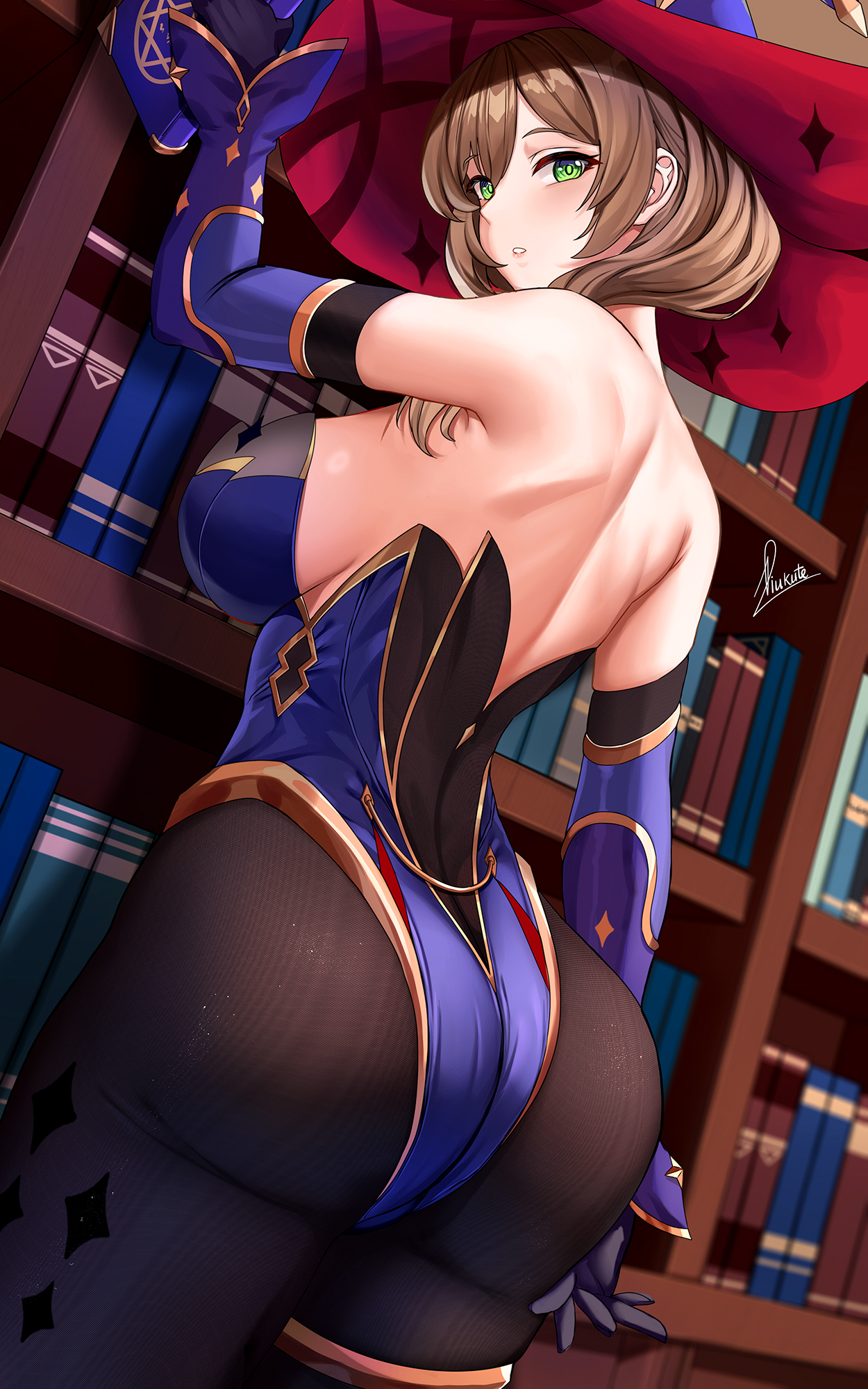 1:2, 1girls, 2021, artist signature, ass, ass focus, back, back view, backless outfit, big ass, big breasts, breasts, brown hair, clothed, clothed female, cosplay, female, female focus, female only, genshin impact, green eyes, hat, hi res, highleg leotard, huge ass, huge breasts, large ass, large breasts, large hat, leggings, leotard, library, light-skinned female, lisa (genshin impact), looking at viewer, looking back, looking over shoulder, medium hair, mona (genshin impact) (cosplay), outfit swap, pantyhose, piukute062, side ponytail, sideboob, solo, tight clothing, tight fit, witch hat