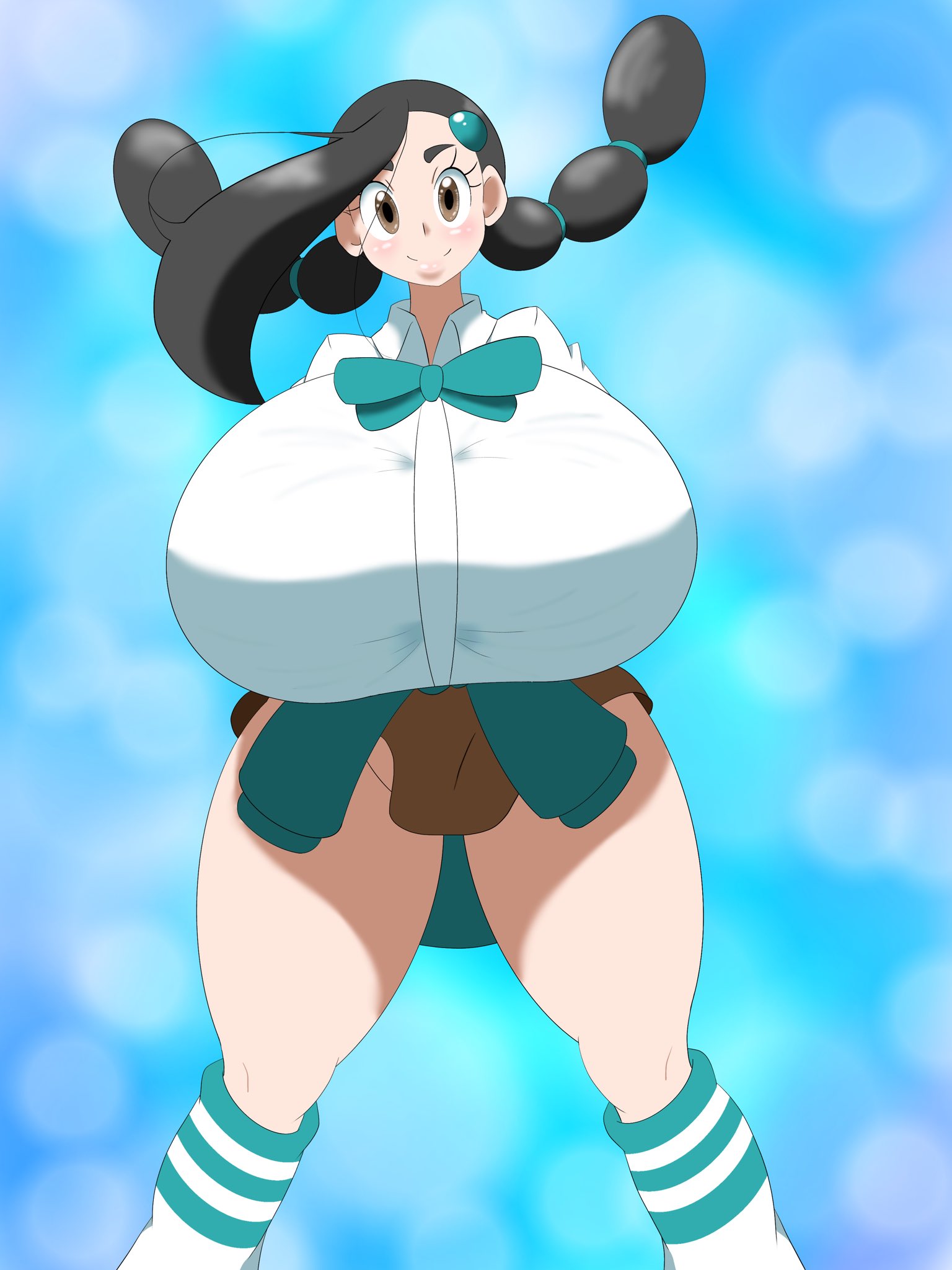 1girls alternate_breast_size big_breasts black_hair blush breasts brown_eyes candice_(pokemon) clothed clothed_female collared_shirt eyelashes female female_only hands_behind_back huge_breasts looking_at_viewer nintendo nuruudon pale-skinned_female pale_skin pokemon pokemon_dppt short_hair short_skirt skirt smile solo solo_female standing striped striped_legwear striped_socks thick_thighs top_heavy twintails voluptuous wide_hips