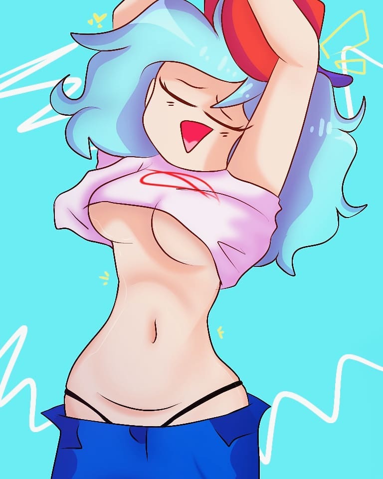 1girls belly blue_hair blush boyfriend_(friday_night_funkin) breasts cap chest closed_eyes dtiys female female_boyfriend_(friday_night_funkin) female_focus female_only friday_night_funkin genderswap genderswap_(mtf) hat long_hair lunymiit navel open_mouth panties pants rule_63 t-shirt underboob