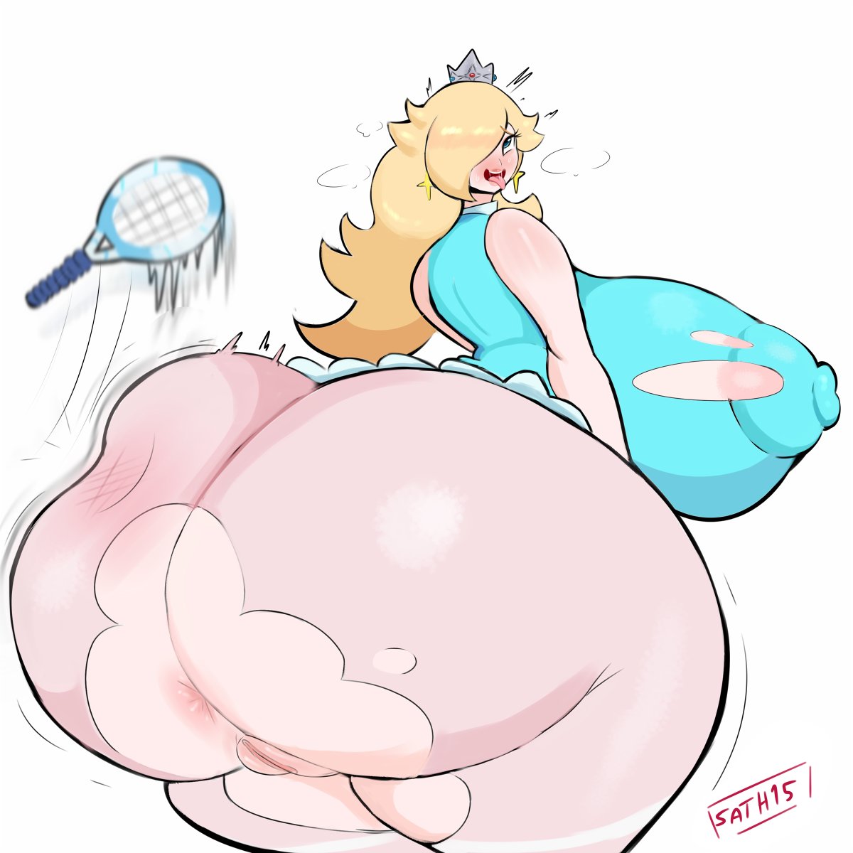 1girls, alternate breast size, anus, artist name, ass, big ass, big breasts, blonde hair, blue eyes, blush, breasts, crown, earrings, excessive size, eyelashes, eyes rolling back, fat ass, female, female only, gigantic ass, hair over one eye, huge breasts, human, human only, hyper, long hair, looking pleasured, mario (series), mario tennis, nintendo, nipple bulge, pantyhose, princess rosalina, pussy, rear view, ripped clothing, sath15, solo, solo female, spanked, spanking, standing, tagme, tennis racket, thick thighs, torn clothes, voluptuous, wide hips