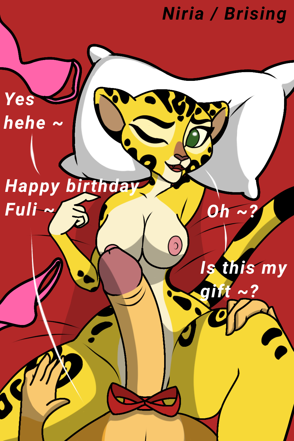 anthro art artist_signature big_breasts big_penis breasts cheetah female fuli fur furry furry_only gift green_eyes kion lion male numwork orange_fur penis pornographic ri_tuath_brising the_lion_guard the_lion_king yellow_fur