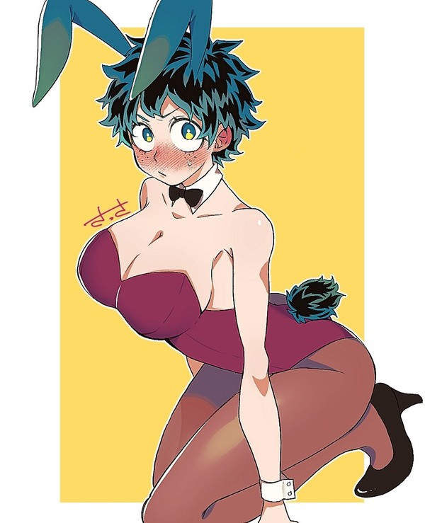 1girls, bare shoulders, blush, bowtie, breasts, bunny ears, bunny girl, bunny tail, bunnysuit, cleavage, clothed, collar, cuffs, embarrassed, female, female deku, freckles, green eyes, green hair, heels, high heels, hrak (artist), izuku midoriya, kneeling, large breasts, leotard, looking at viewer, my hero academia, rule 63, sweat