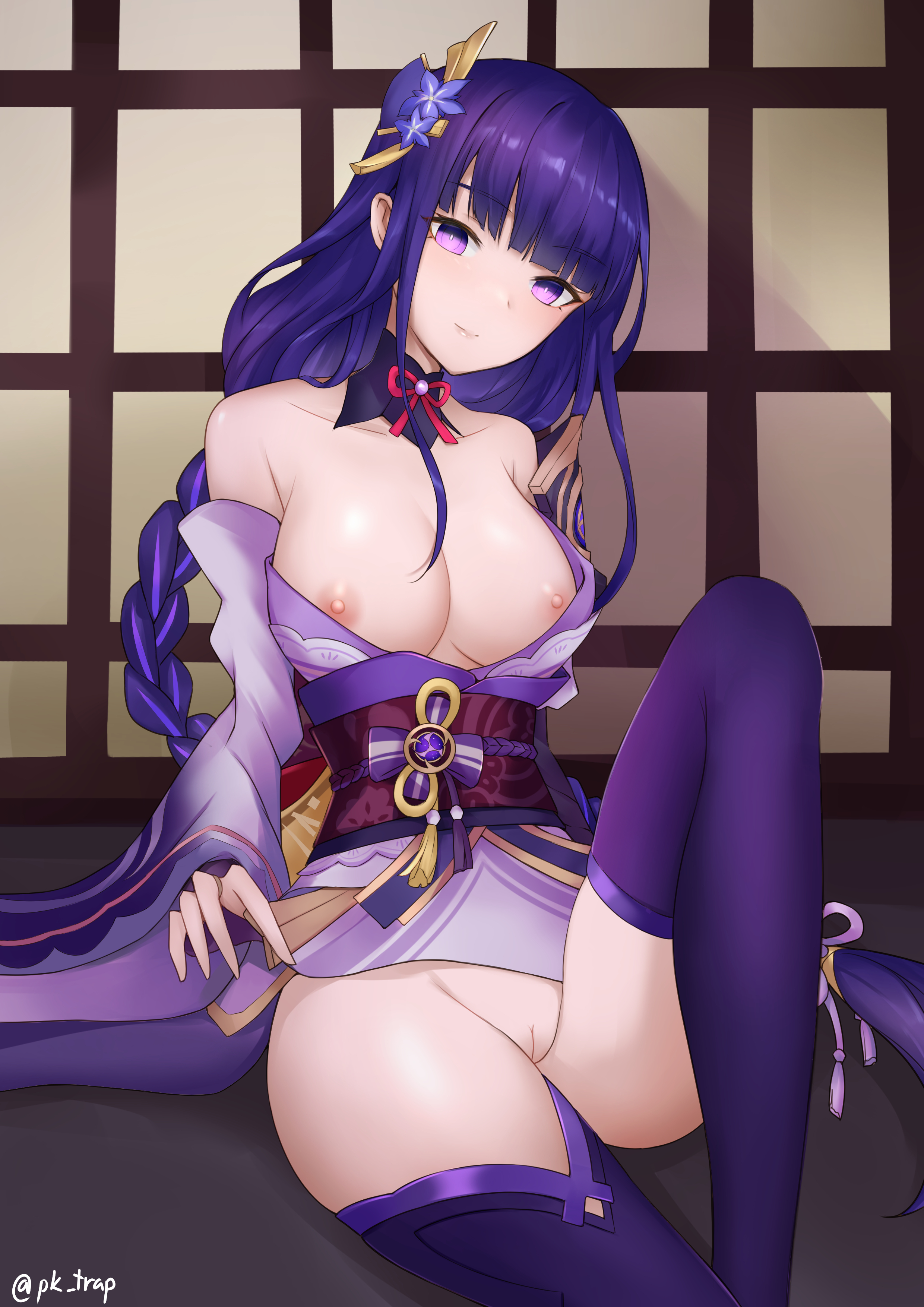 1girls, breasts, female, genshin impact, japanese clothes, large breasts, nipples, panties, pk trap, purple eyes, purple hair, raiden shogun, thick thighs, thighhighs, thighs