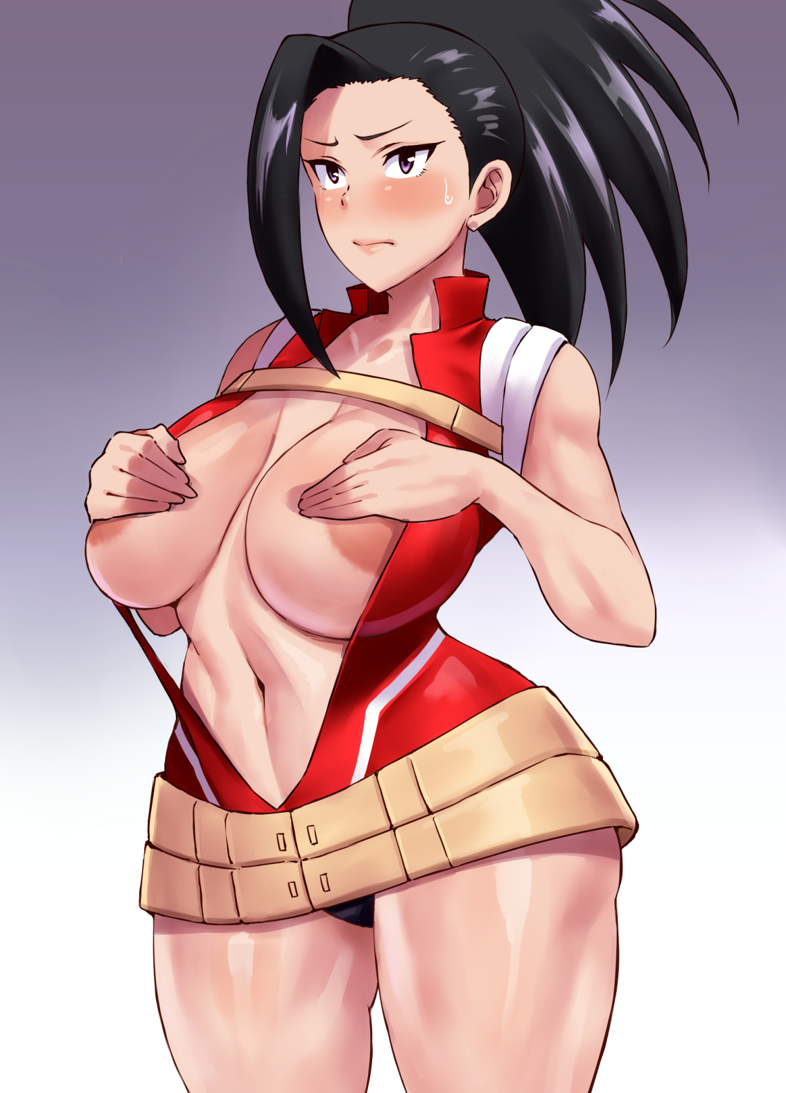 1girls, big breasts, black hair, black-haired female, blush, breasts, breasts out, embarrassed, female, hero outfit (mha), hourglass figure, human, human female, large breasts, leotard, light-skinned female, momo yaoyorozu, momo yaoyorozu (hero outfit), my hero academia, navel, nipples, slim waist, solo, superheroine, sweat, tagme, thick thighs, wide hips