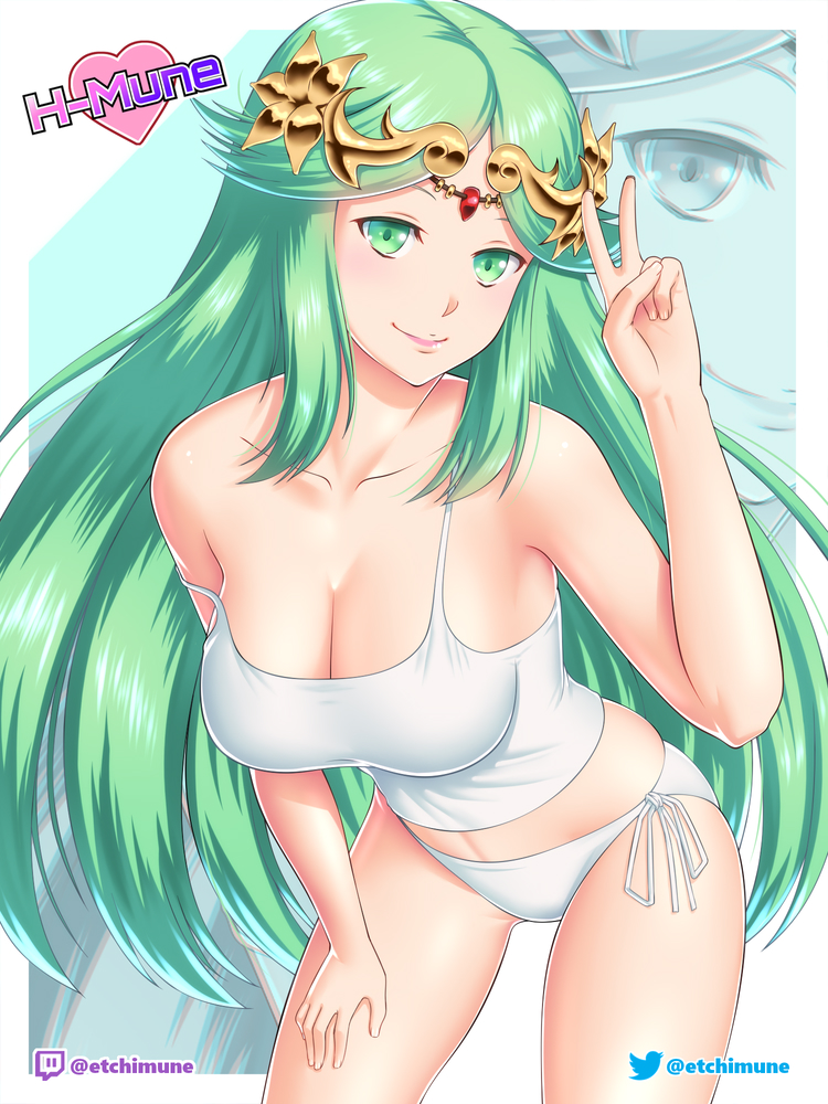 1girls bikini cleavage etchimune green_eyes green_hair hair_ornament hand_on_thigh kid_icarus kid_icarus_uprising looking_at_viewer nintendo palutena peace_sign side-tie_bikini smile strap_slip tank_top