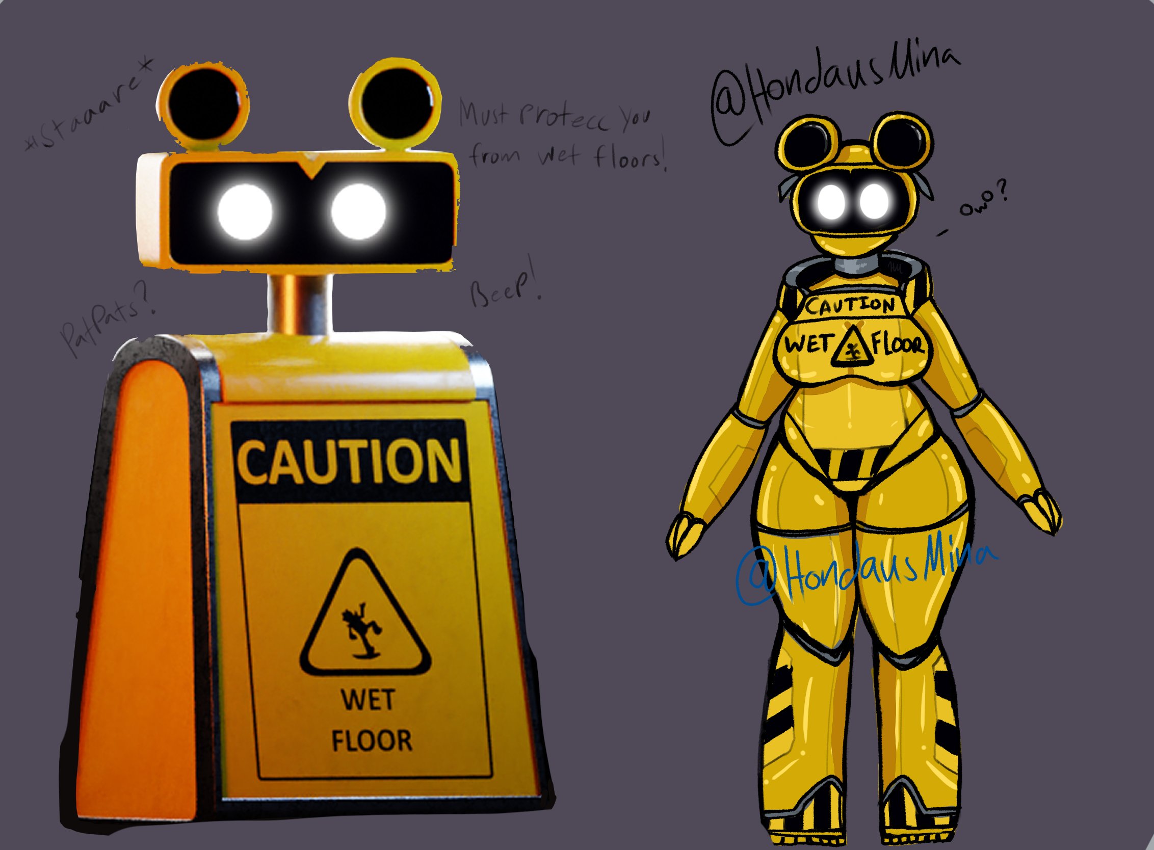 1girls, big breasts, breasts, chubby, female, female only, five nights at freddy's, five nights at freddy's: security breach, hondausmina, humanoid, patpat, solo, standing, thick thighs, wet floor bot (fnaf), wide hips