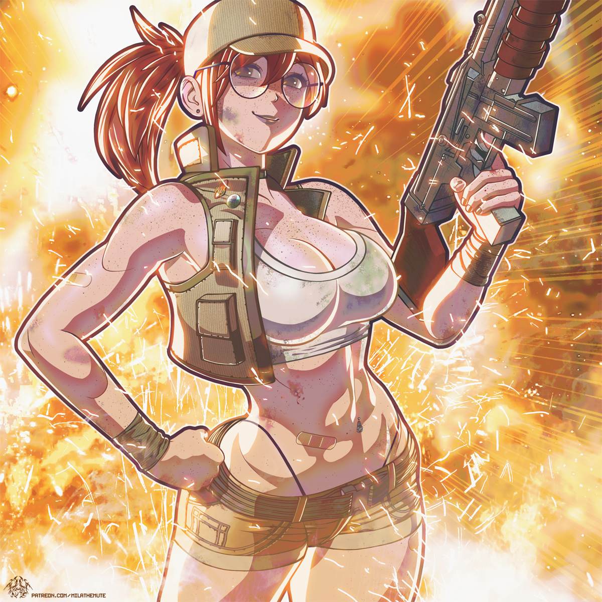cap, cleavage, dirty, female, female only, fio germi, glasses, gun, metal slug, mila the mute, red hair, short hair, smile, tagme