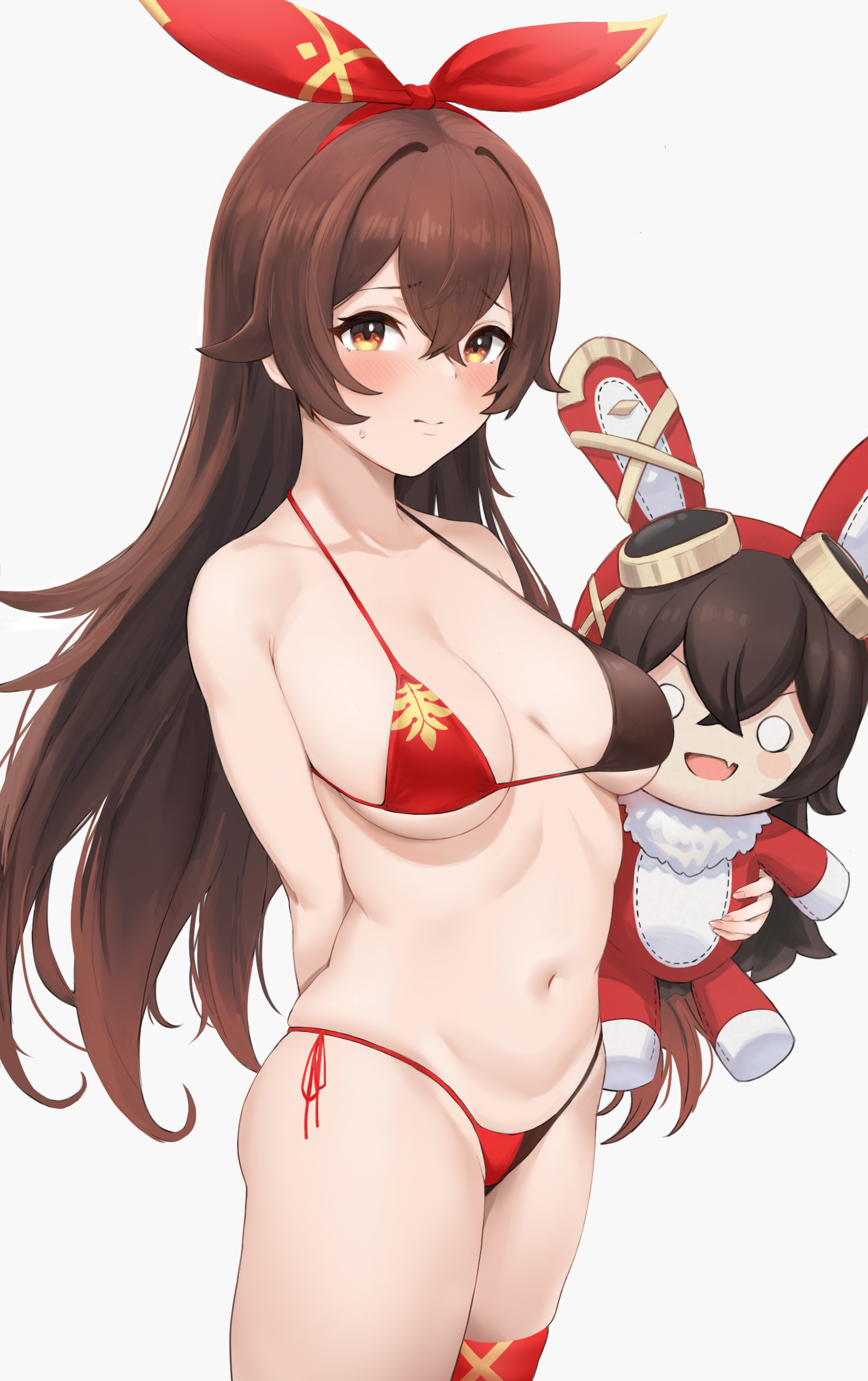 1girls, amber (genshin impact), baron bunny (genshin impact), blush, brown hair, embarrassed, female, female focus, female only, genshin impact, light skin, light-skinned female, looking at viewer, red eyes, simple background, swimsuit, teisho9, white background