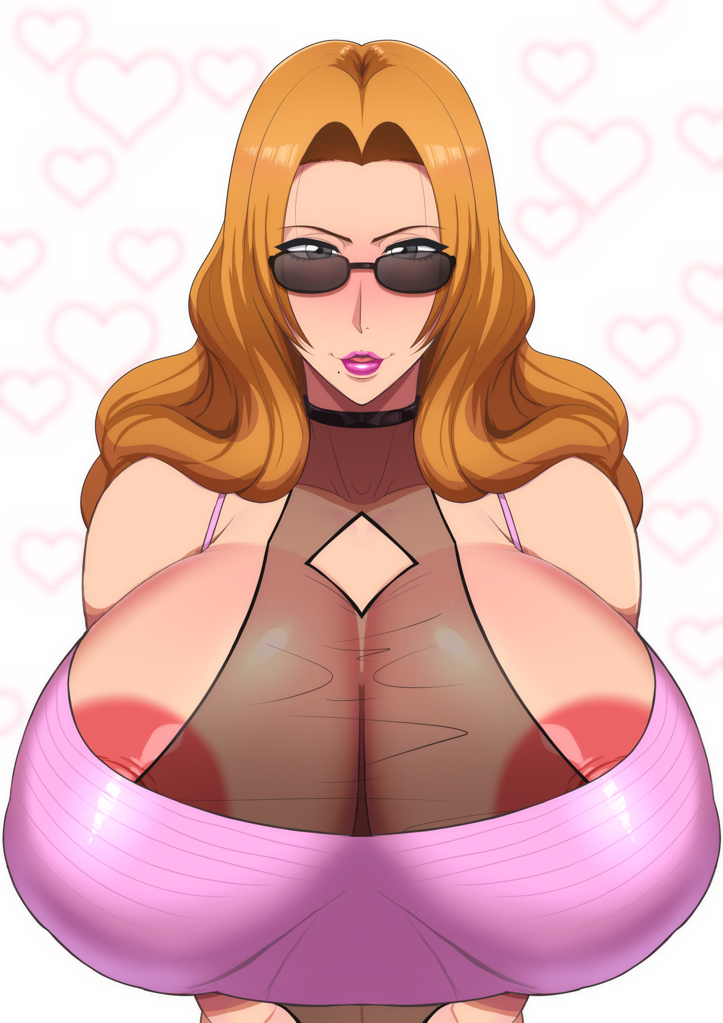 1girls, alternate breast size, alternate costume, areola slip, areolae, bare shoulders, big breasts, bleach, blue eyes, blush, breasts, breasts bigger than head, clothed female, clothing, crop top, eyewear, female, female only, huge breasts, large areolae, leotard, long hair, looking at viewer, looking over eyewear, looking over glasses, looking over sunglasses, matsumoto rangiku, mole, mole under mouth, revealing clothes, shiny, shiny hair, shiny skin, shounen jump, smile, solo, solo focus, straps, sunglasses, thin waist, tight clothing, tinted eyewear, transparent clothing, upper body, voluptuous, zxcv