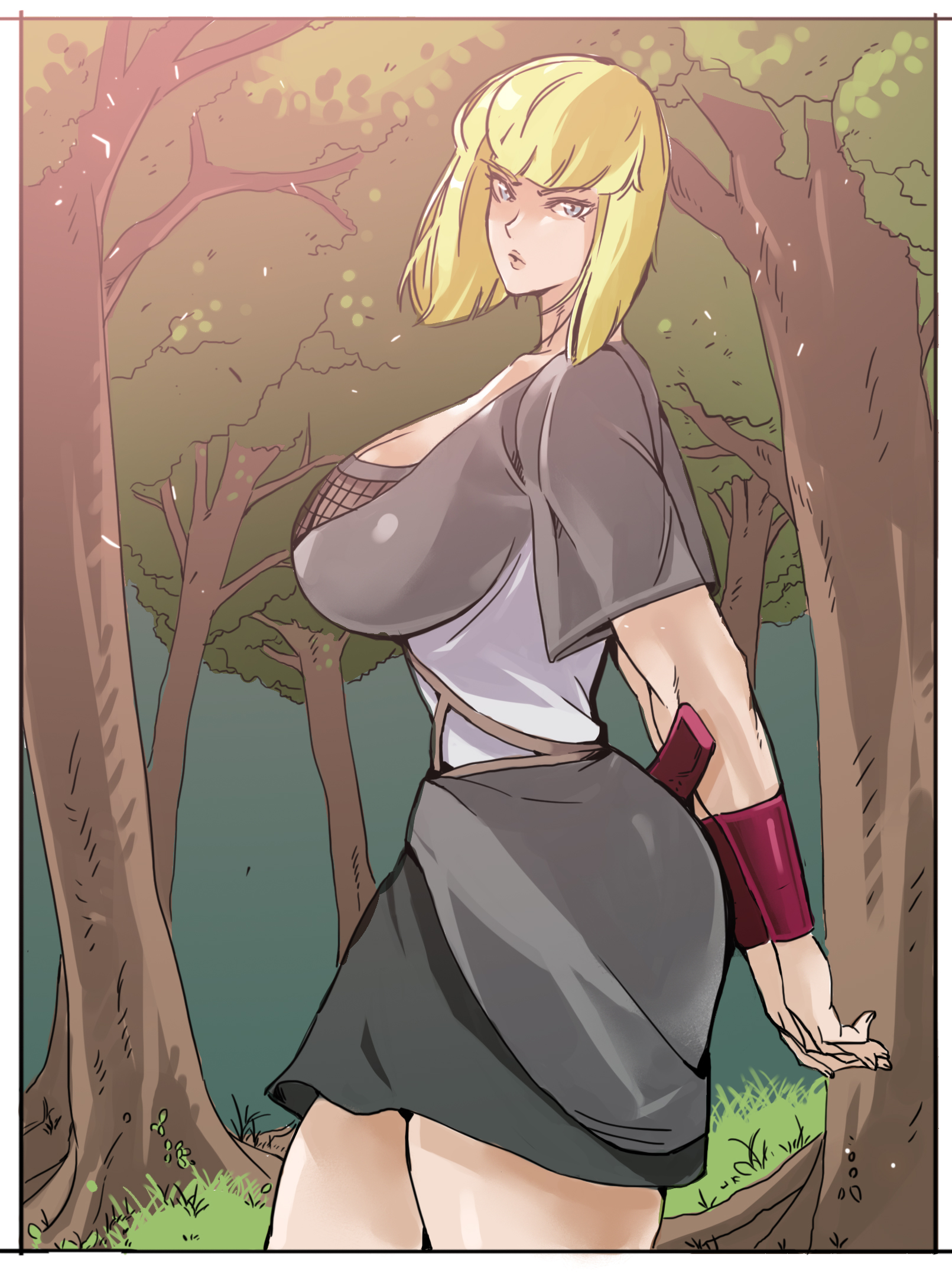 1girls, areolae, big breasts, blonde hair, blue eyes, blunt bangs, bob cut, breasts, busty, cleavage, clothed female, female, female only, highres, huge breasts, karyoten, kimono, large breasts, mature, mature female, naruto, naruto (series), naruto shippuden, samui, short hair, solo, solo focus