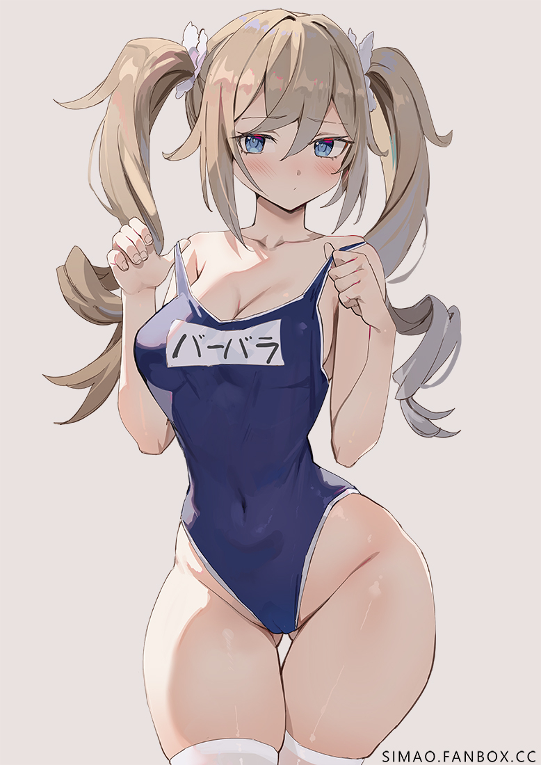 barbara_(genshin_impact) big_breasts blonde_hair blue_eyes breasts cameltoe genshin_impact japanese_text nun school_swimsuit simao simao_(x_x36131422) swimsuit swimsuit_pull thick_thighs thighhighs thighs tight_clothing twin_drills