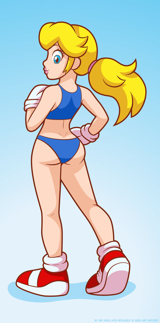 1girls, ass, big ass, blonde hair, blonde ponytail, blue background, blue bra, blue clothing, blue eyes, blue panties, cosplay, danshive, female, female focus, female only, full body, gradient background, jpeg, low ponytail, mario (series), nintendo, ponytail, princess peach, simple background, sole female, solo, solo female, sonic (series), sonic the hedgehog (cosplay), standing, tied hair