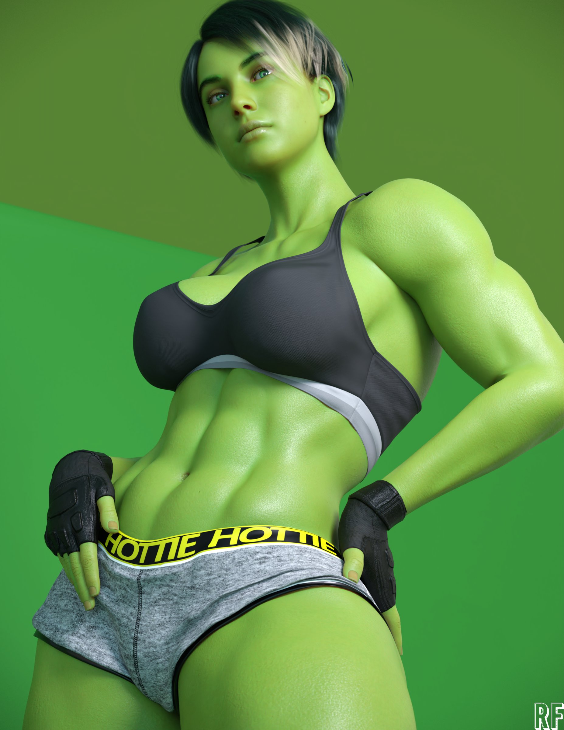 1girls, 3d, abs, blonde hair, blonde highlights, clothed, clothed female, clothes, clothing, female, female only, fingerless gloves, fully clothed, green eyes, green hair, hands on hips, hulk (series), looking down, marvel, marvel comics, muscular, muscular arms, muscular female, navel, rude frog, she-hulk, short hair, shorts, solo, sports bra, sportswear, superheroine, thick thighs, two-tone hair