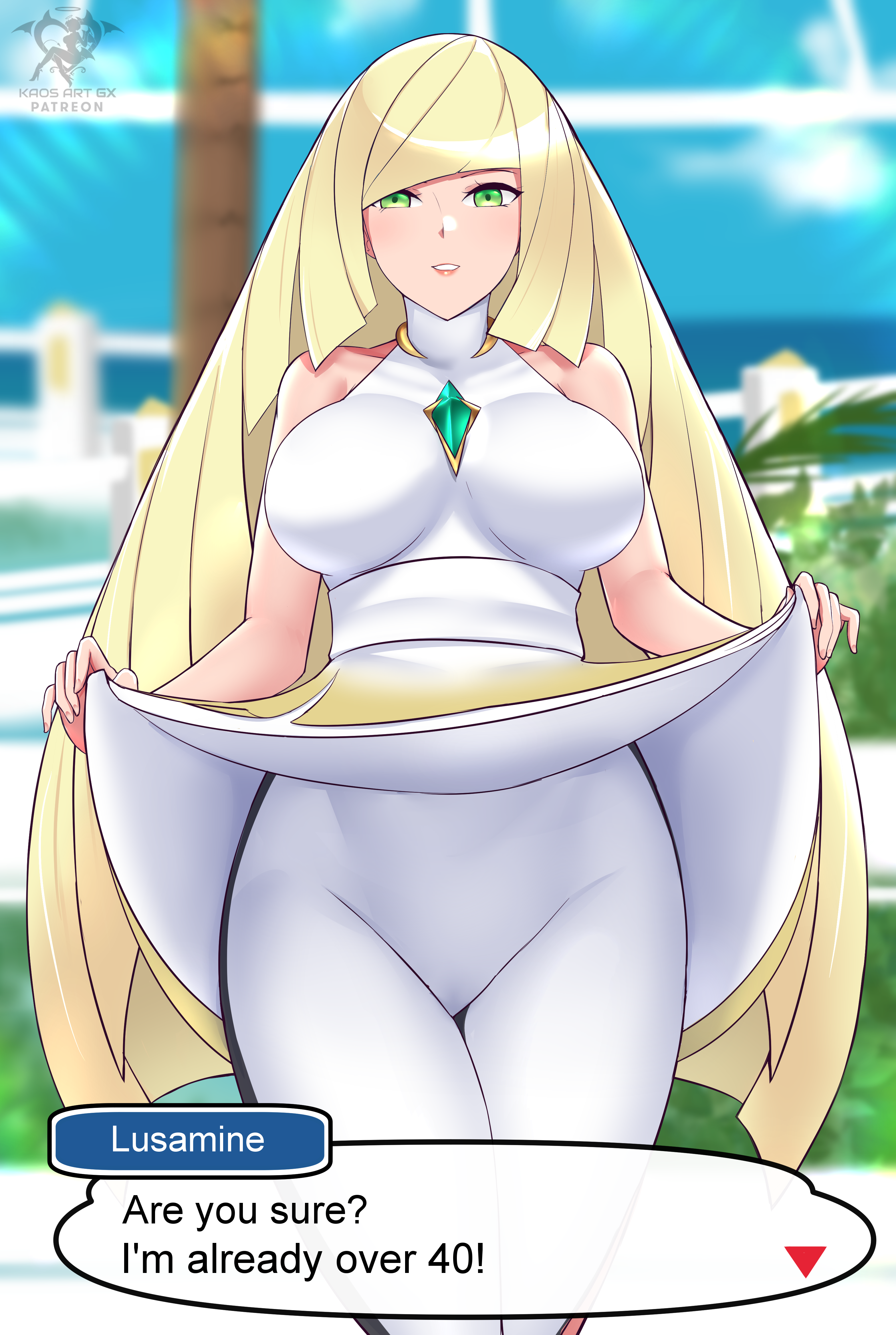 1girls, big breasts, blonde hair, breasts, eye contact, female, green eyes, kaos art, long hair, looking at viewer, lusamine (pokemon), mature female, milf, nintendo, pokemon, pokemon sm, skirt lift, speech bubble, standing, text, thick thighs, tight clothing, tight pants, wide hips