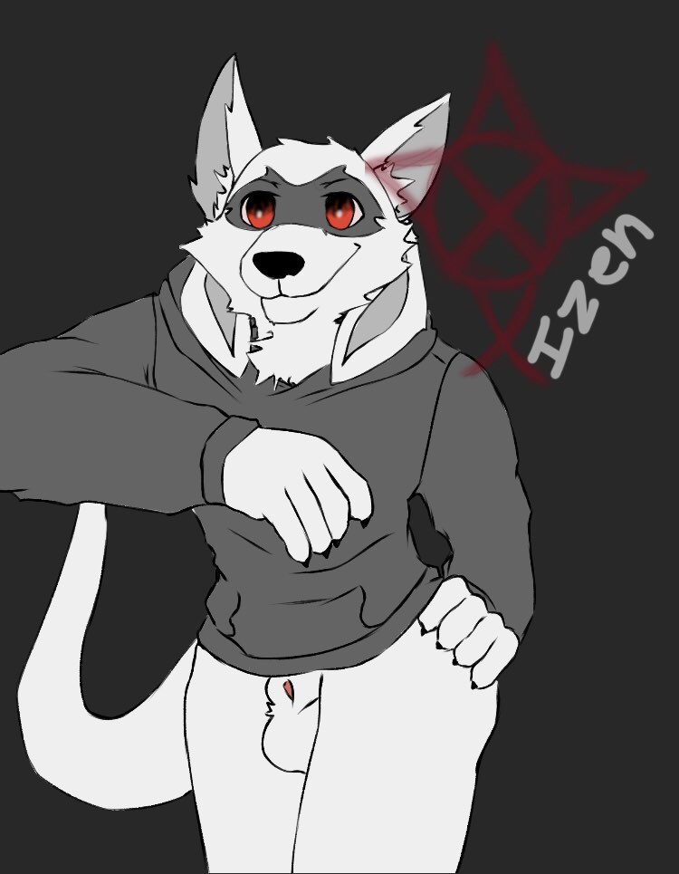 anonymous_artist anthro bottomless bottomless_male clothed clothing hoodie hoodie_only izen(fursona) izen_puppyfox male solo topwear topwear_only