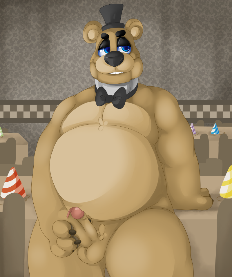 absurd_res animatronic balls bear belly better_version_at_source blue_eyes bow_tie bowtie erect_penis erection five_nights_at_freddy's freddy_(fnaf) frots furry genitals grabbing_penis half-closed_eyes hat headgear headwear hi_res holding_penis looking_away machine male male_only penis robot smile smiling solo solo_male teeth testicles text top_hat touching_penis two_tone_body two_tone_fur two_tone_skin