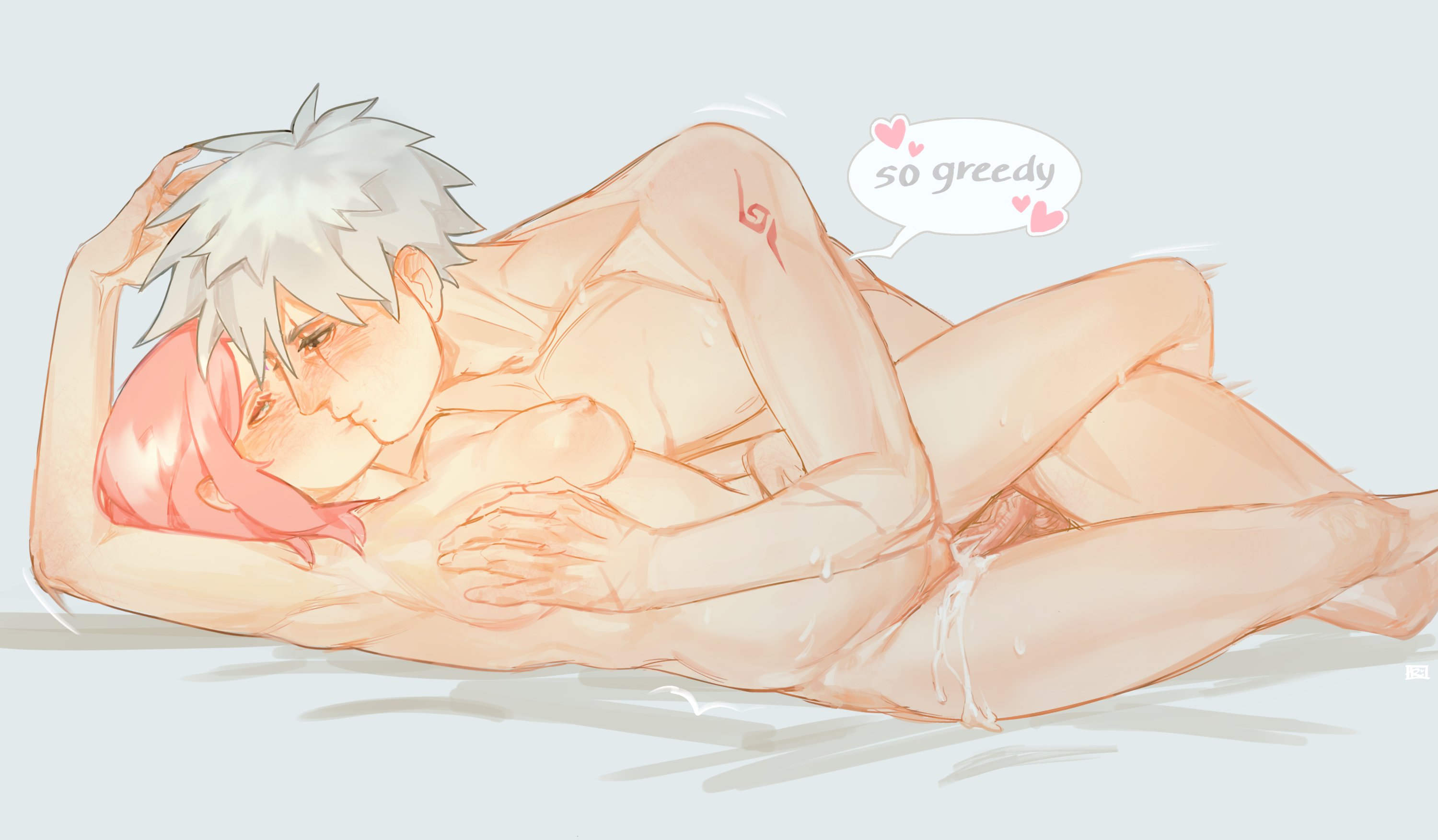 1boy, 1girls, age difference, aroused, breast grab, breasts, completely nude, cum, cum dripping, cum in pussy, cum inside, cum leaking, cum overflow, female, female human, female penetrated, from side, hand on breast, hatake kakashi, heart, human, human male, kissing, kissing while penetrated, light skin, light-skinned female, male, male penetrating, male/female, mature male, medium breasts, mora raifuru, naruto, naruto (series), naruto shippuden, nipples, nude, older male, older penetrating younger, on side, penetration, pink hair, pussy, sakura haruno, scar across eye, sex, silver hair, straight, teacher and student, teenage female, teenager, text, vaginal penetration, younger female
