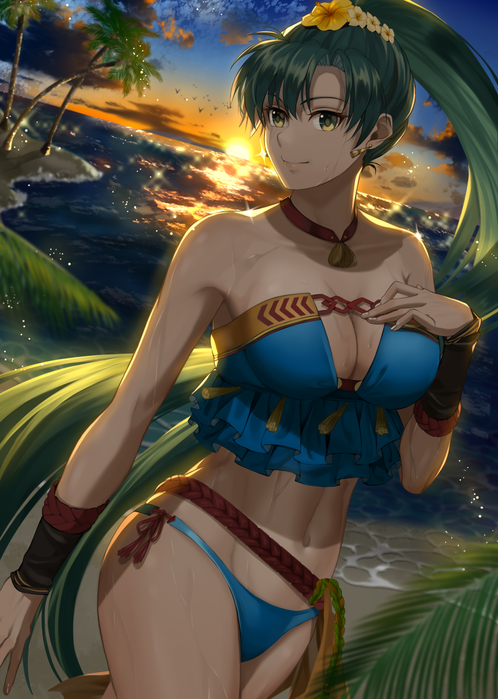 1girls alternate_costume beach bikini bird blue_bikini blue_swimsuit breasts choker cleavage cloud cowboy_shot delsaber ear_piercing earrings female fire_emblem fire_emblem:_the_blazing_blade fire_emblem_heroes floating_hair flower flower_in_hair green_eyes green_hair hair_flower hair_ornament hand_on_breast highres jewelry large_breasts long_hair looking_at_viewer lyn_(fire_emblem) lyn_(summer)_(fire_emblem) lyndis_(fire_emblem) navel necklace nintendo ocean official_alternate_costume outdoors outside palm_tree ponytail rope_belt saber7 sand side-tie_bikini sky solo sunset swimsuit tassel tassel_earrings tree very_long_hair water wet wet_clothes wet_swimsuit white_skin wrist_cuffs