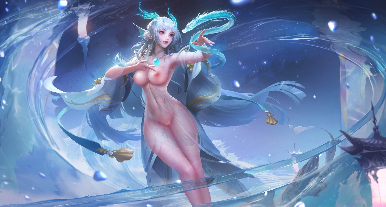1girls, big breasts, blue hair, breasts, dragon girl, female, honor of kings, horns, midriff, navel, nipples, otsan, purple eyes, pussy, scales, see-through clothing, vagina, xishi