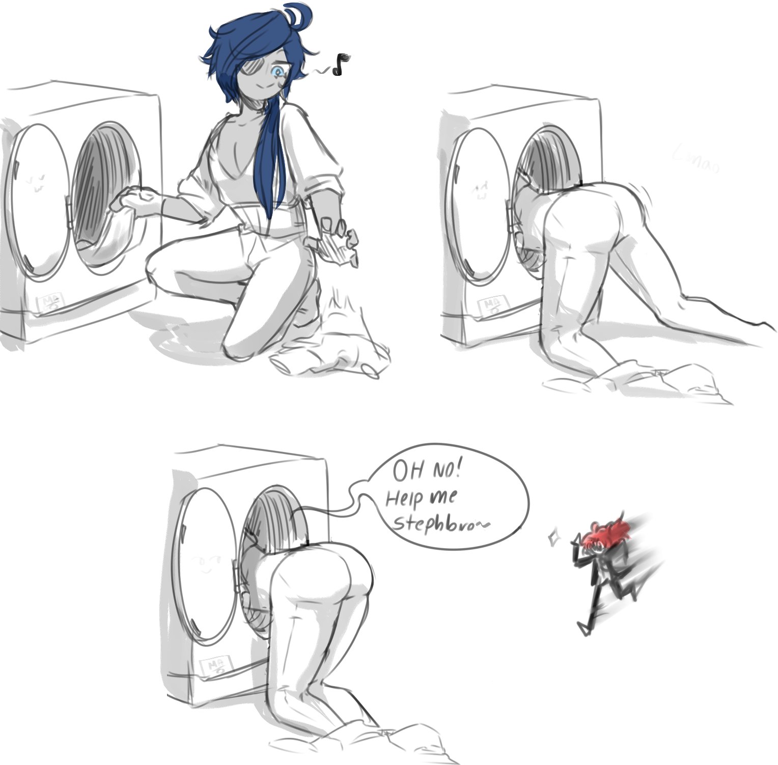 2021, 2boys, 3koma, ahoge, all fours, artist name, ass, big ass, blue eyes, blue hair, clothed, clothing, comic, diluc (genshin impact), english text, eyepatch, fingerless gloves, genshin impact, gloves, highres, humor, incest, inviting, kaeya (genshin impact), lies, long hair, male, male only, meme, multiple boys, multiple males, pants, pervert, rape me, red hair, running, seductive, shirt, signature, simple background, smile, speech bubble, stressedcryptid, suit, text, thighs, washing machine, what are you doing, step bro?, white background