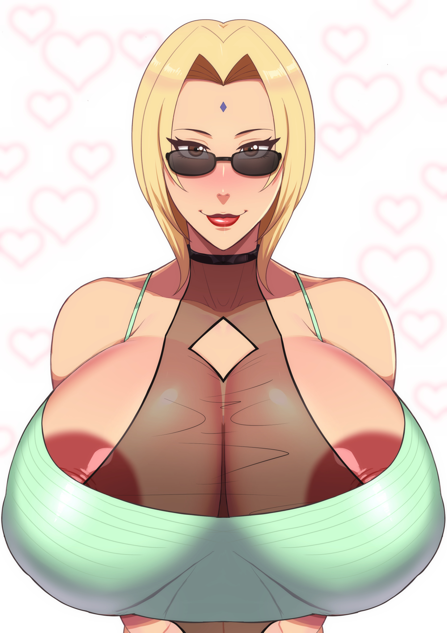 1girls, alternate breast size, alternate costume, areola slip, areolae, bare shoulders, big breasts, blonde hair, blush, breasts, breasts bigger than head, brown eyes, clothed female, clothing, crop top, eyewear, female, female only, huge breasts, large areolae, leotard, long hair, looking at viewer, looking over eyewear, looking over glasses, looking over sunglasses, naruto, naruto (series), naruto shippuden, puffy nipples, revealing clothes, shiny, shiny hair, shiny skin, shounen jump, smile, solo, solo focus, straps, sunglasses, thin waist, tight clothing, tinted eyewear, transparent clothing, tsunade, upper body, voluptuous, zxcv