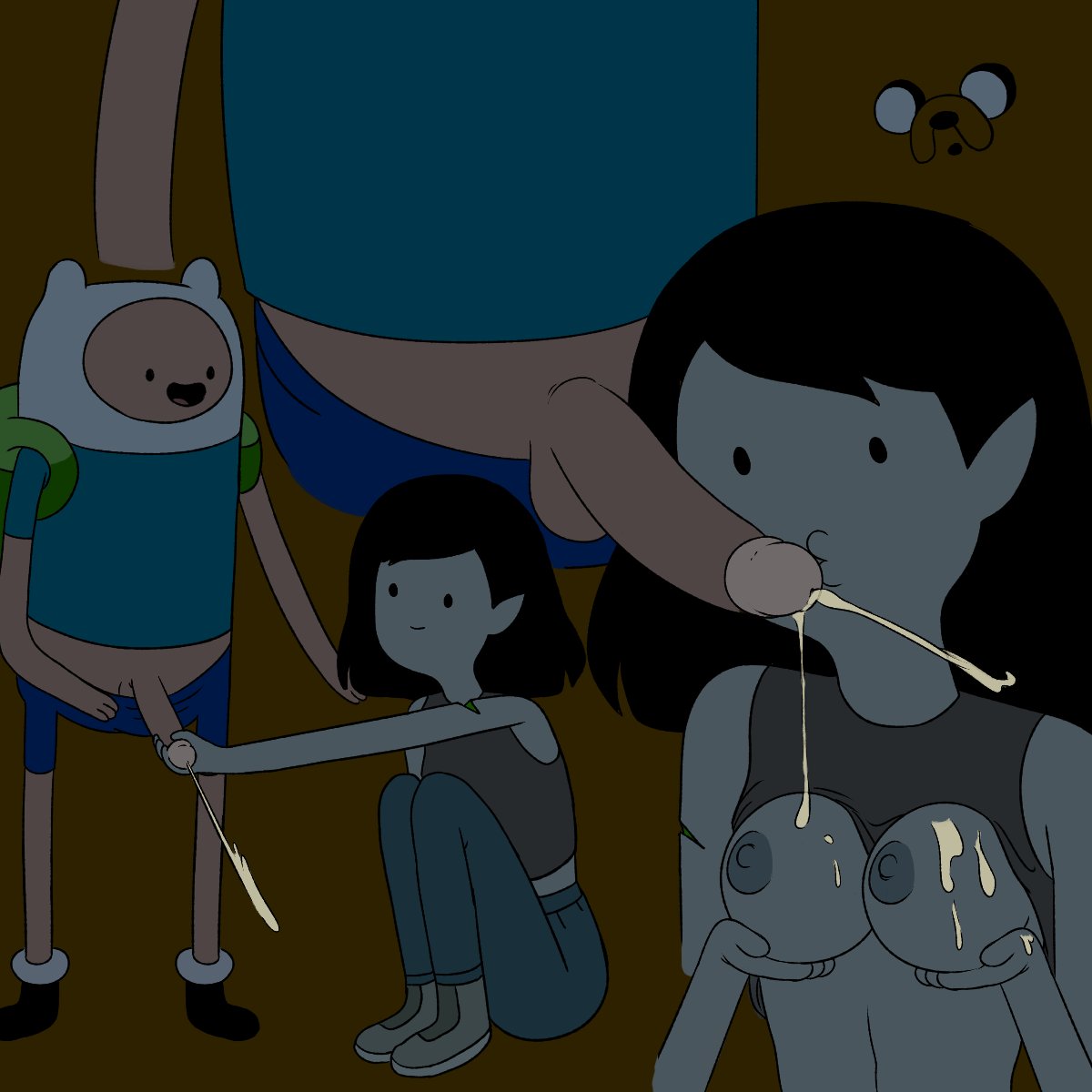 1girls, 2021, 2boys, adventure time, areolae, backpack, bag, balls, blonde hair, breasts, breasts out, cartoon network, cum, cum in mouth, cum on breasts, ejaculation, fellatio, female, finn the human, handjob, highres, human, jake the dog, kissing penis, male, marceline, nipples, on model, open mouth, oral, pale skin, penis, penis kiss, penis out, sick kitty, sickkitty, smile, style emulation, style parody, testicles