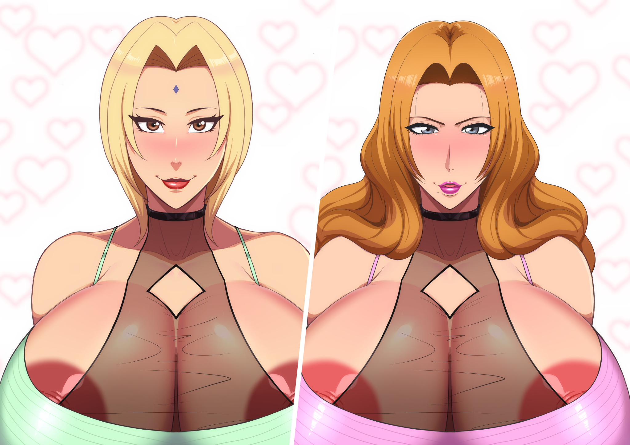 2girls, alternate breast size, alternate costume, areola slip, areolae, bare shoulders, big breasts, bleach, blonde hair, breasts, breasts bigger than head, brown eyes, clothed female, clothing, crop top, crossover, female, female only, huge breasts, large areolae, leotard, long hair, looking at viewer, matsumoto rangiku, multiple females, multiple girls, naruto, naruto (series), naruto shippuden, revealing clothes, shiny, shiny hair, shiny skin, shounen jump, smile, solo focus, split screen, straps, take your pick, thin waist, tight clothing, transparent clothing, tsunade, upper body, voluptuous, zxcv