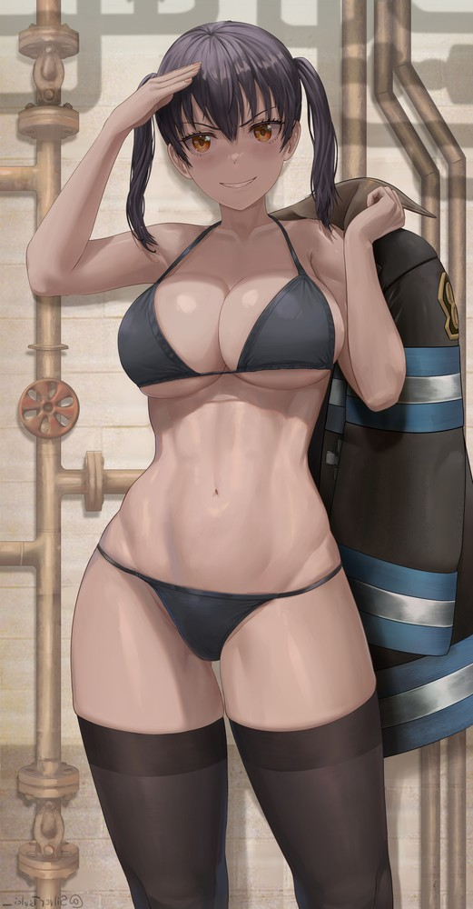 1girls abs bangs big_breasts bikini black_underwear child_bearing_hips dark_hair enen_no_shouboutai fire_force fit fit_female golden_eyes kotatsu_tamaki salute silvertsuki smile solo solo_female thick_thighs thighhighs twintails uniform