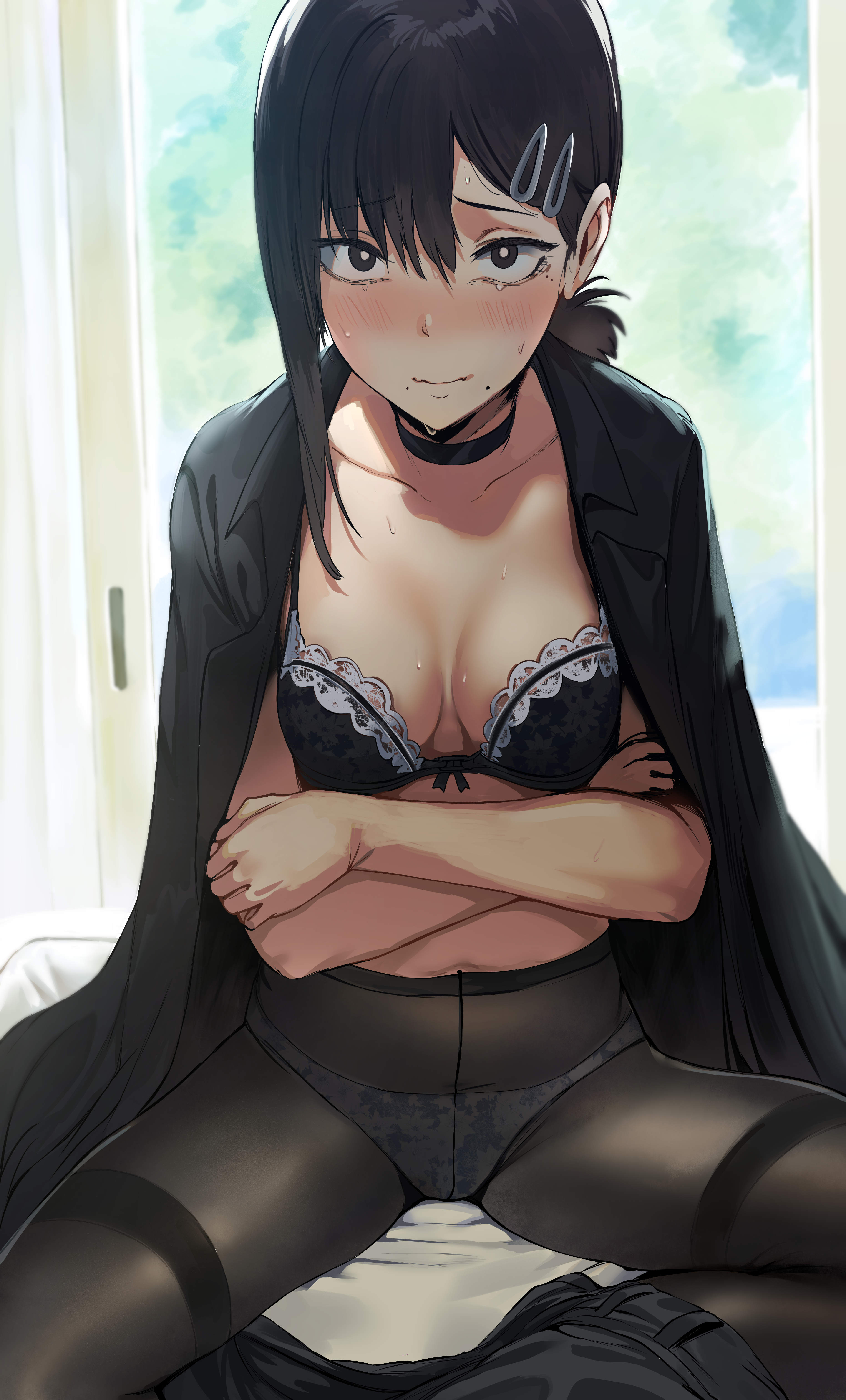 1girls, absurd res, black eyes, black hair, bra, breasts, chainsaw man, eye contact, female, hews hack, higashiyama kobeni, high resolution, looking at viewer, medium breasts, medium hair, panties, pantyhose, partially clothed, peace sign, sweat, thighs, underwear, very high resolution