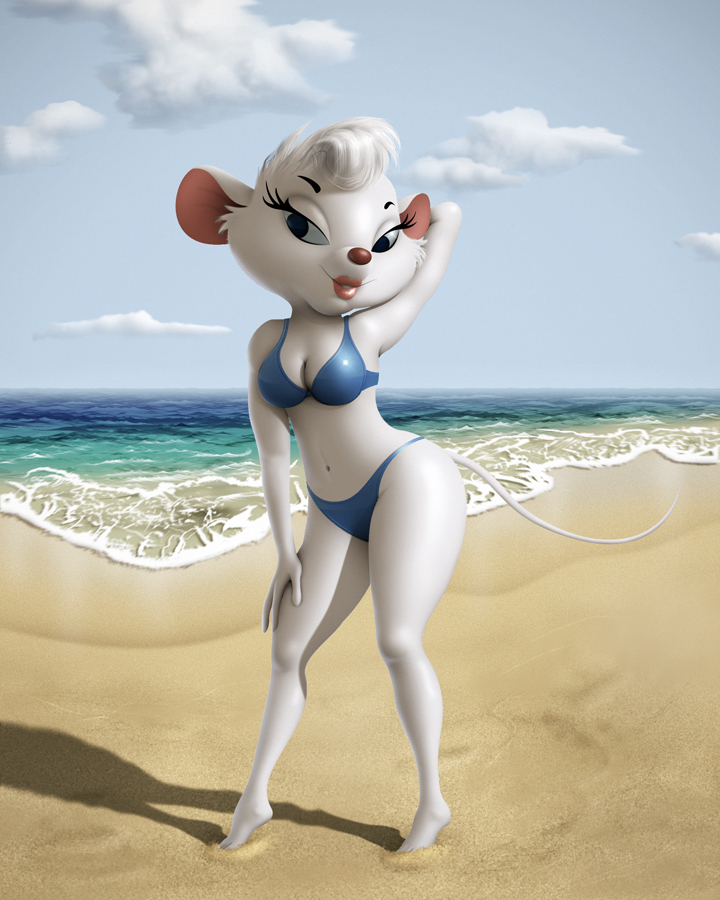 2015 4:5 anthro beach bikini breasts clothing cloud detailed_background disney eyelashes female fur lipstick looking_at_viewer makeup mammal miss_kitty_mouse miss_kitty_mouse_(artist) mouse murid murine navel outside rodent sand seaside smile solo swimwear the_great_mouse_detective white_body white_fur