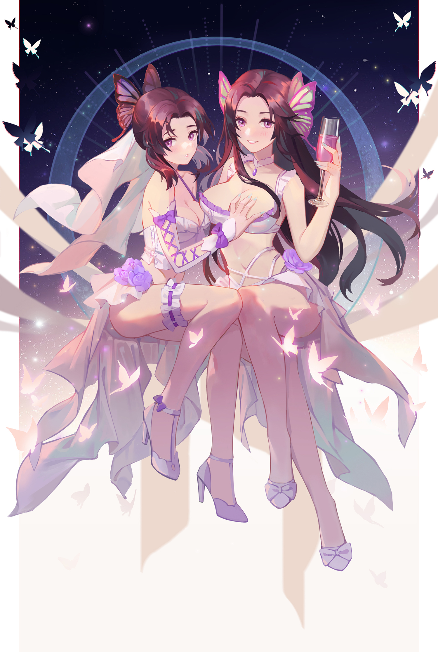 2girls, big breasts, breast size difference, breasts, bustier, butterfly hair ornament, choker, cleavage, corset, demon slayer, detailed background, female, female only, garter, hand on breast, high heels, kimetsu no yaiba, kochou kanae, kochou shinobu, lingerie, long gloves, long hair, looking at viewer, purple eyes, siblings, sisters, sitting, small breasts, veil, wine glass, yuri