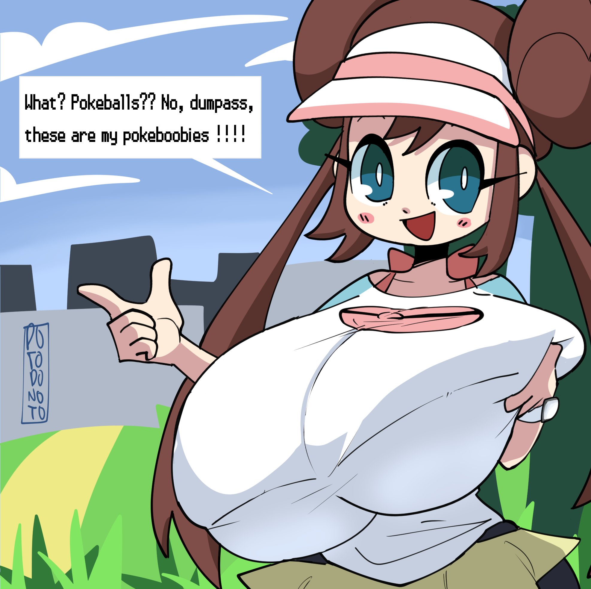 1girls, alternate breast size, alternate version available, blush, breasts, buns, busty, curvy, cute, dialogue, dotodonoto, female, game freak, gigantic breasts, hyper, hyper breasts, nintendo, open mouth, pokemon, pokemon bw, pokemon bw2, rosa (pokemon), text