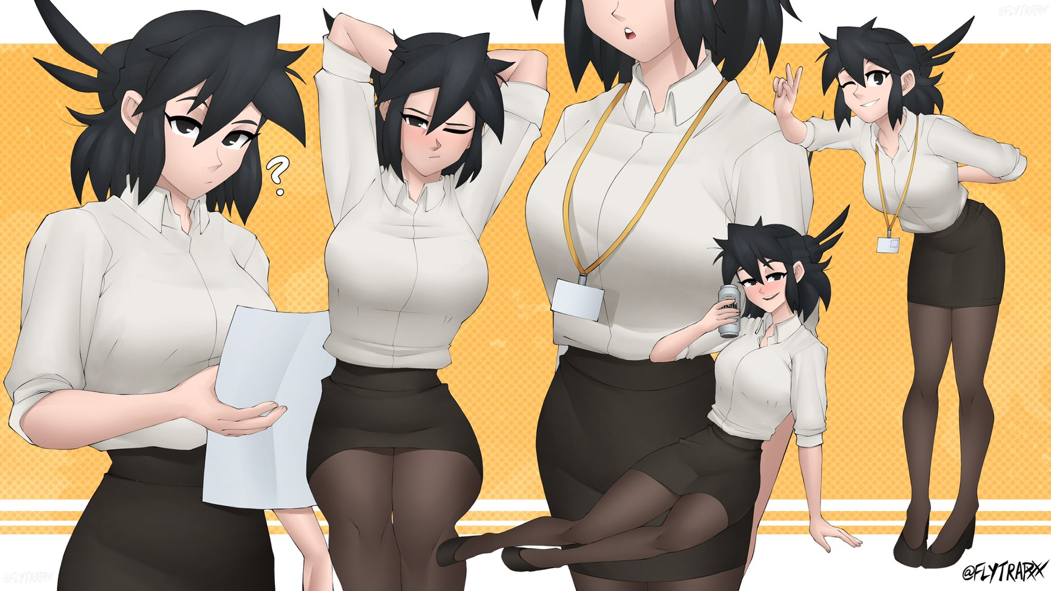 big breasts, black hair, borrowed character, breasts, female, flytrapxx, lucia (scott malin), office lady, original, pantyhose, scott malin, solo, solo female, solo focus