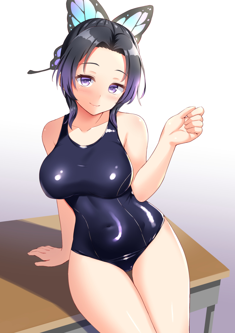 alternate costume, big breasts, black hair, blush, breasts, butterfly hair ornament, cowboy shot, demon slayer, female, female only, kimetsu no yaiba, kochou shinobu, leaning, looking at viewer, navel, one-piece swimsuit, purple eyes, school swimsuit, shiny clothes, smile, solo, swimsuit, thigh gap, tight clothing, two-tone hair, wide hips