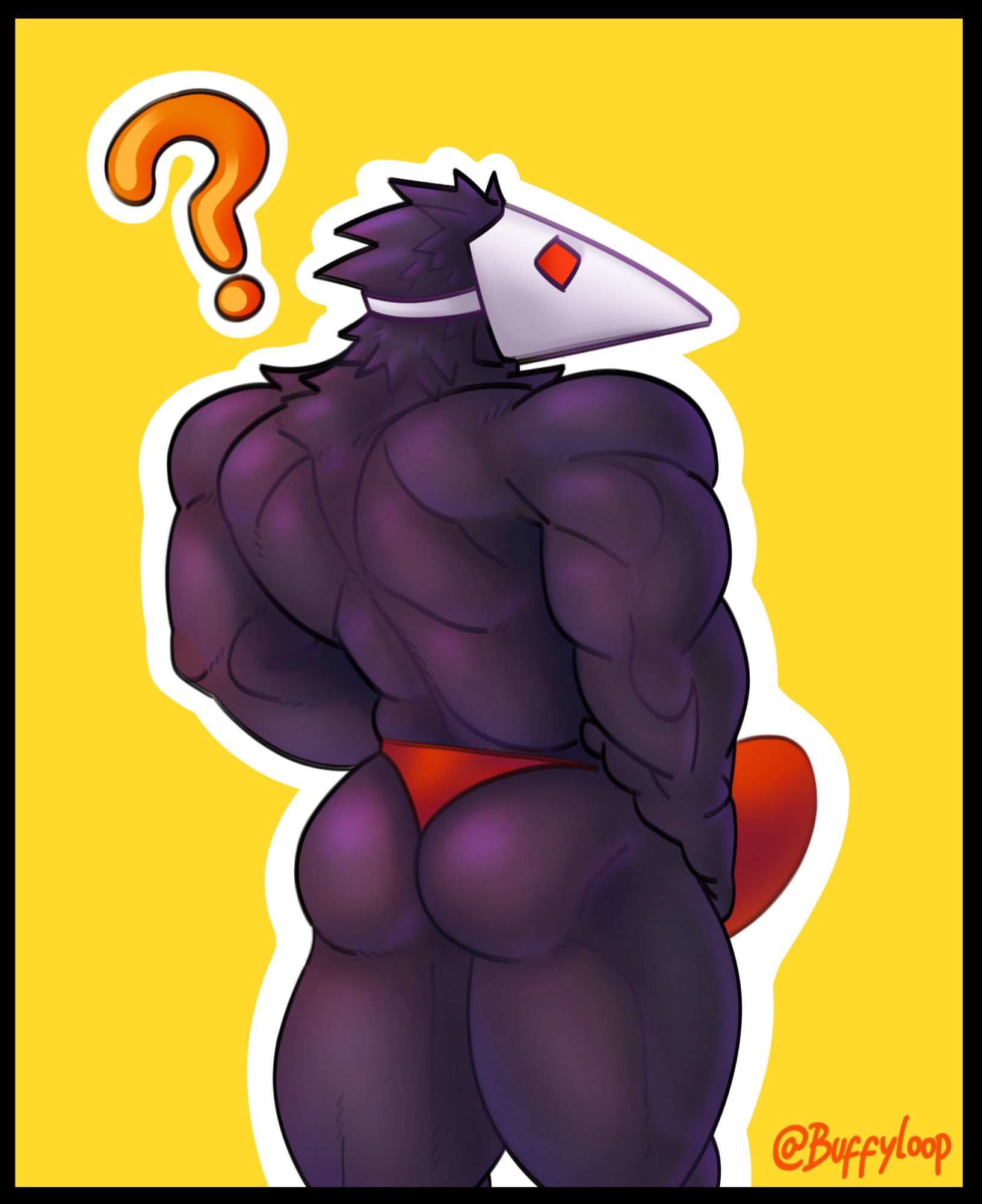 ?, bara, black fur, buffyloop, bulge, deltarune, furry, gay, male, muscles, muscular, muscular male, question mark, red eyes, red underwear, shiny, shiny ass, shiny skin, swatchling (deltarune), thong, undertale, underwear, yaoi