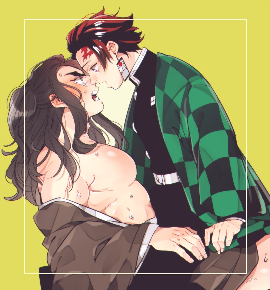 2boys age_difference blush dark_hair demon_slayer earrings facial_mark haganezuka_hotaru haori japanese_clothes kamado_tanjirou kimetsu_no_yaiba kimono_down kyu_717 long_hair looking_at_another male male_only muscular_male older_man_and_younger_boy sitting_on_lap sitting_on_person sweat tears thick_eyebrows yaoi yellow_background