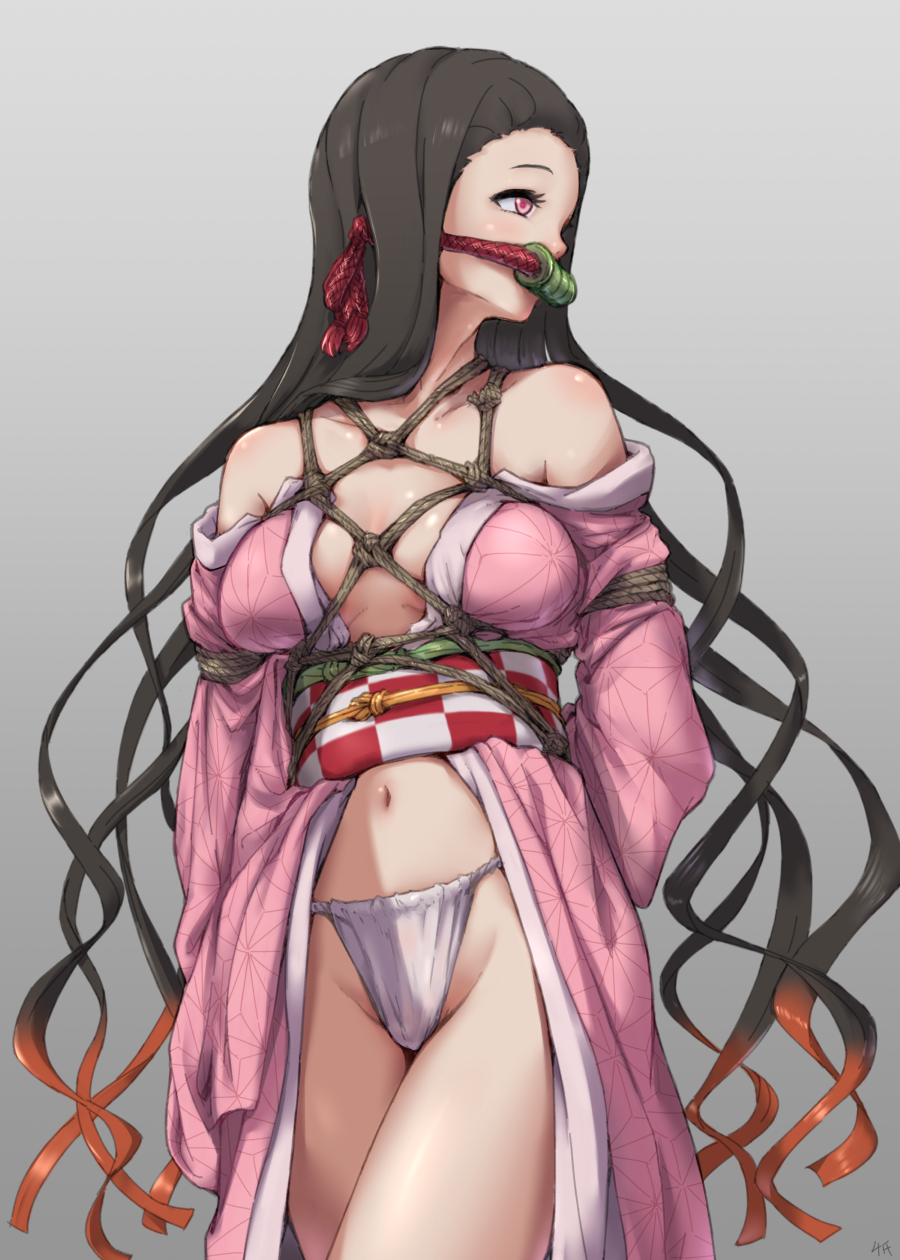 4shi arms_behind_back bare_shoulders belly_button big_breasts black_hair bondage cameltoe demon_slayer female female_only fundoshi gag kamado_nezuko kimetsu_no_yaiba kimono long_hair midriff navel obi open_kimono pink_eyes rope_bondage rope_harness small_breasts solo two_tone_hair very_long_hair wavy_hair