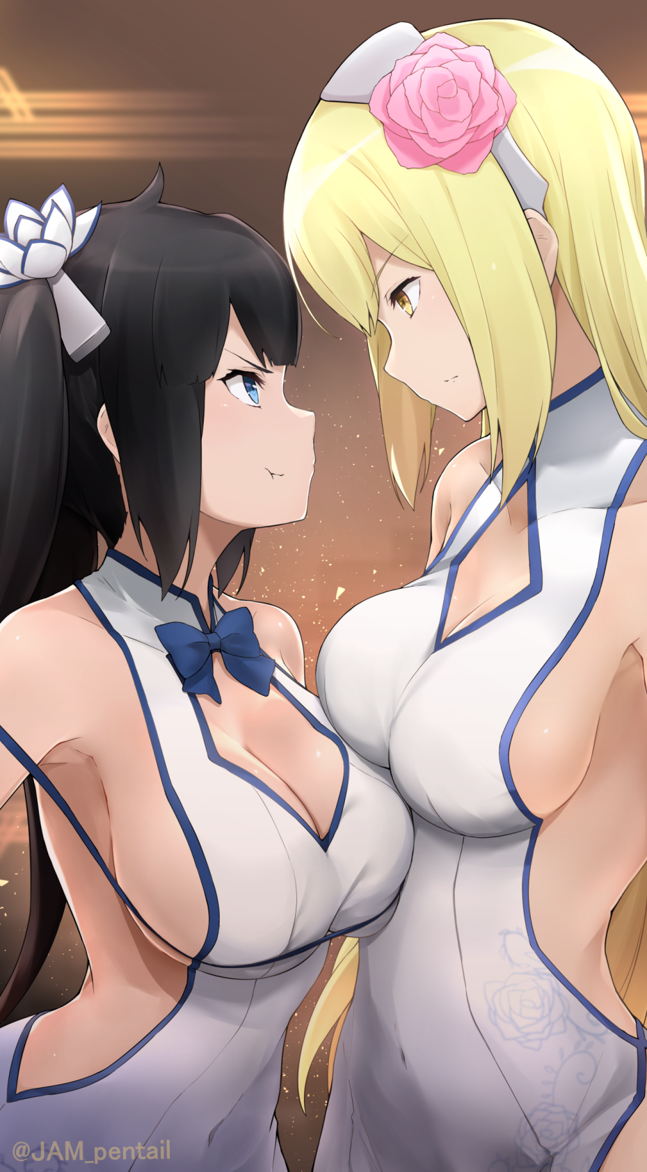 2girls ahoge aiz_wallenstein artist_name bangs bare_shoulders black_hair blonde_hair blue_bow blue_eyes blue_neckwear blue_ribbon bow breast_press breasts cleavage cleavage_cutout closed_mouth clothing_cutout collarbone commentary_request cosplay covered_navel dress dungeon_ni_deai_wo_motomeru_no_wa_machigatteiru_darou_ka eye_contact floral_print flower from_side hair_flower hair_ornament hair_ribbon height_difference hestia_(danmachi) highres jampen large_breasts long_hair looking_at_another multiple_girls pink_flower pout profile rei_no_himo ribbon sideboob sleeveless sleeveless_dress twintails upper_body white_dress yellow_eyes